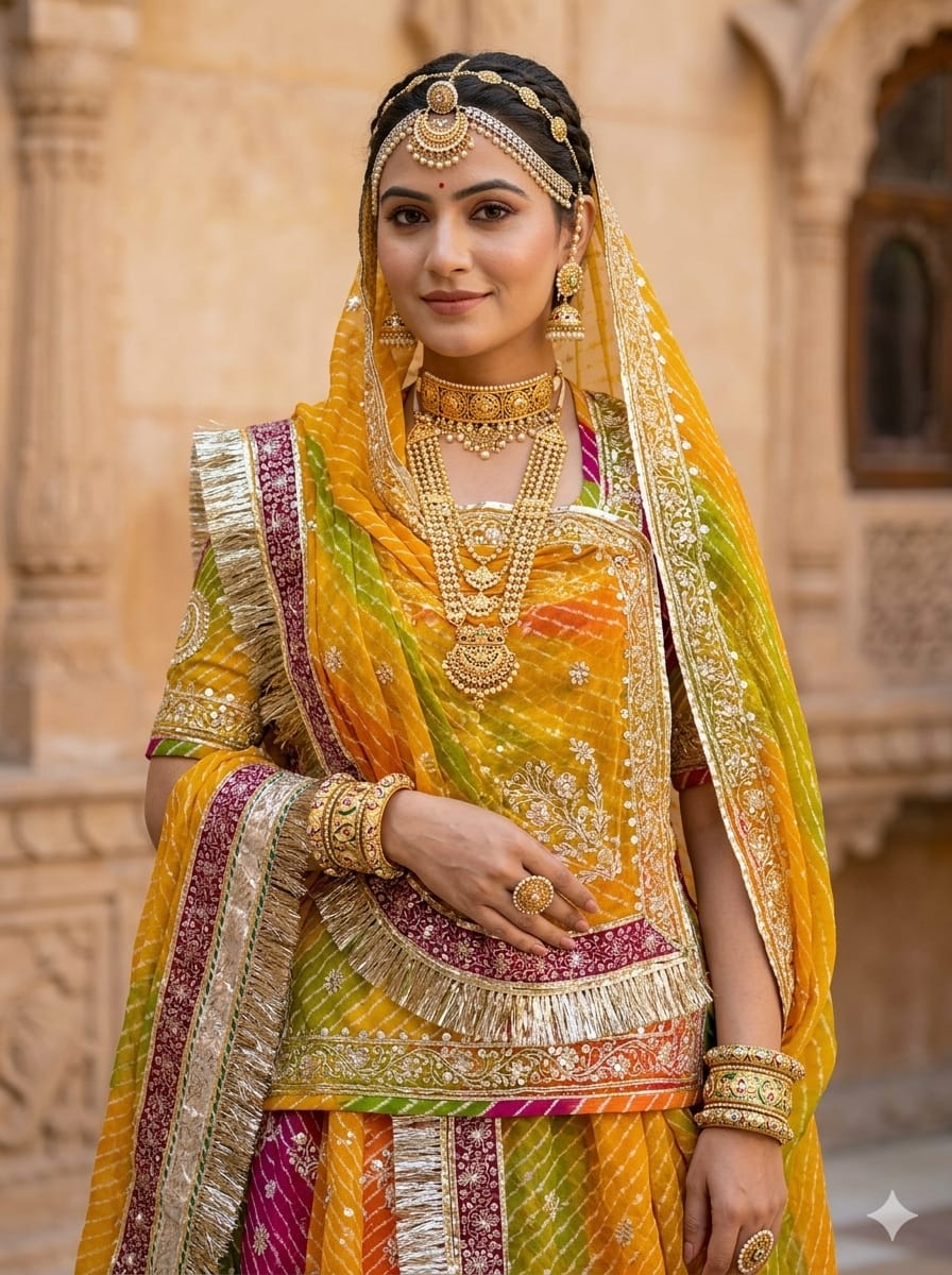 Mustard Pure Georgette Lehariya Chunni Rajasthani Rajputi Lehenga Choli