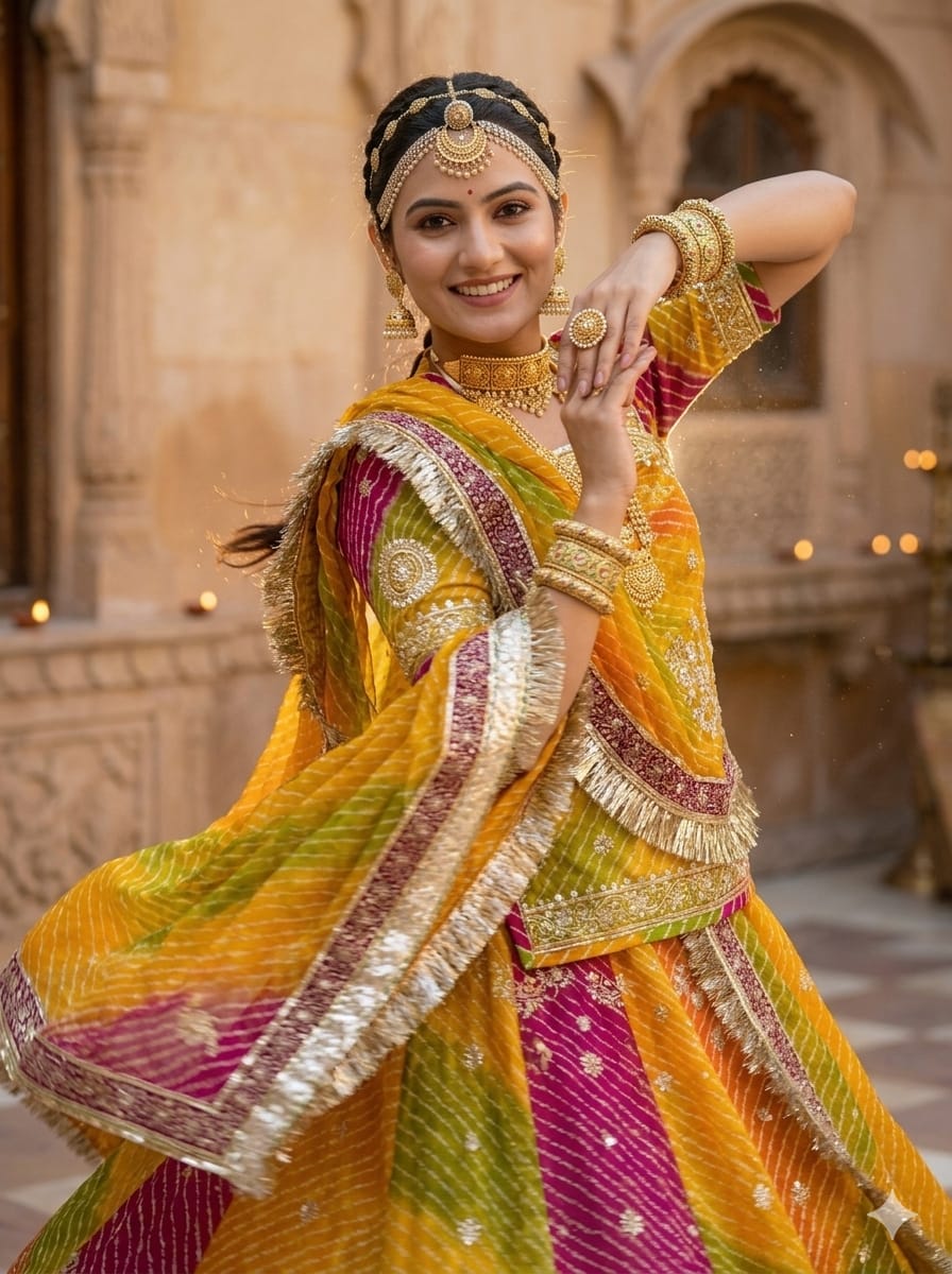Mustard Pure Georgette Lehariya Chunni Rajasthani Rajputi Lehenga Choli