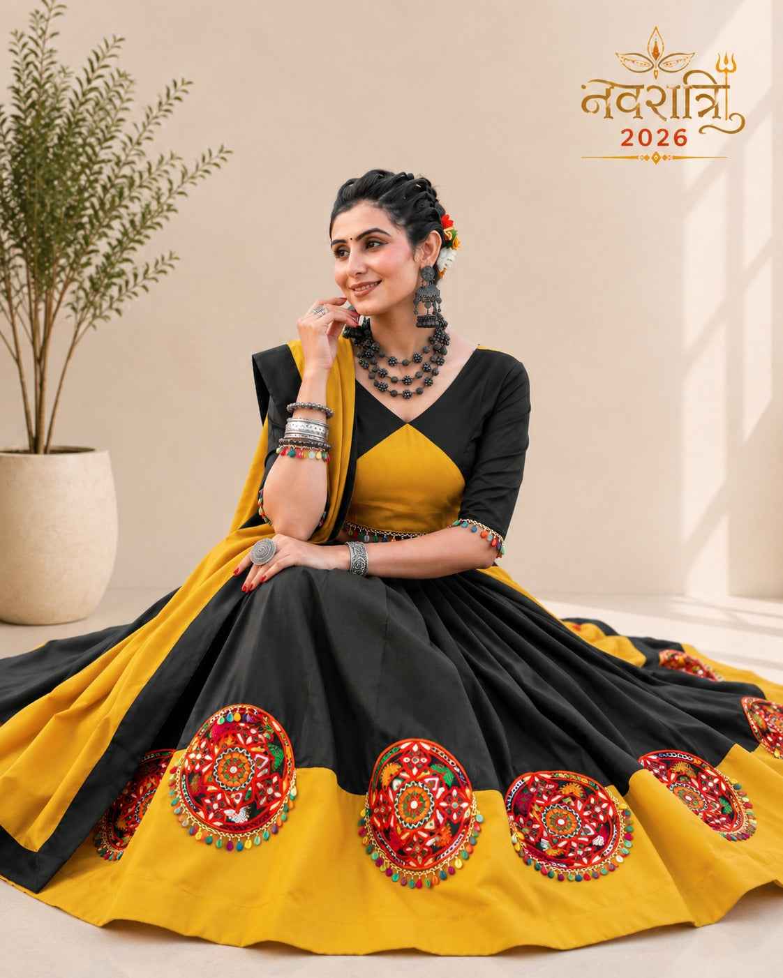 Yellow & Black Pure Cotton Plain With Gamthi & Mirror Work Navratri Lehenga Choli