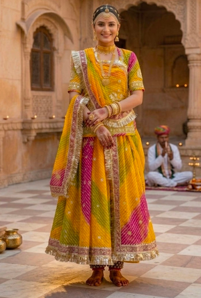 Mustard Pure Georgette Lehariya Chunni Rajasthani Rajputi Lehenga Choli