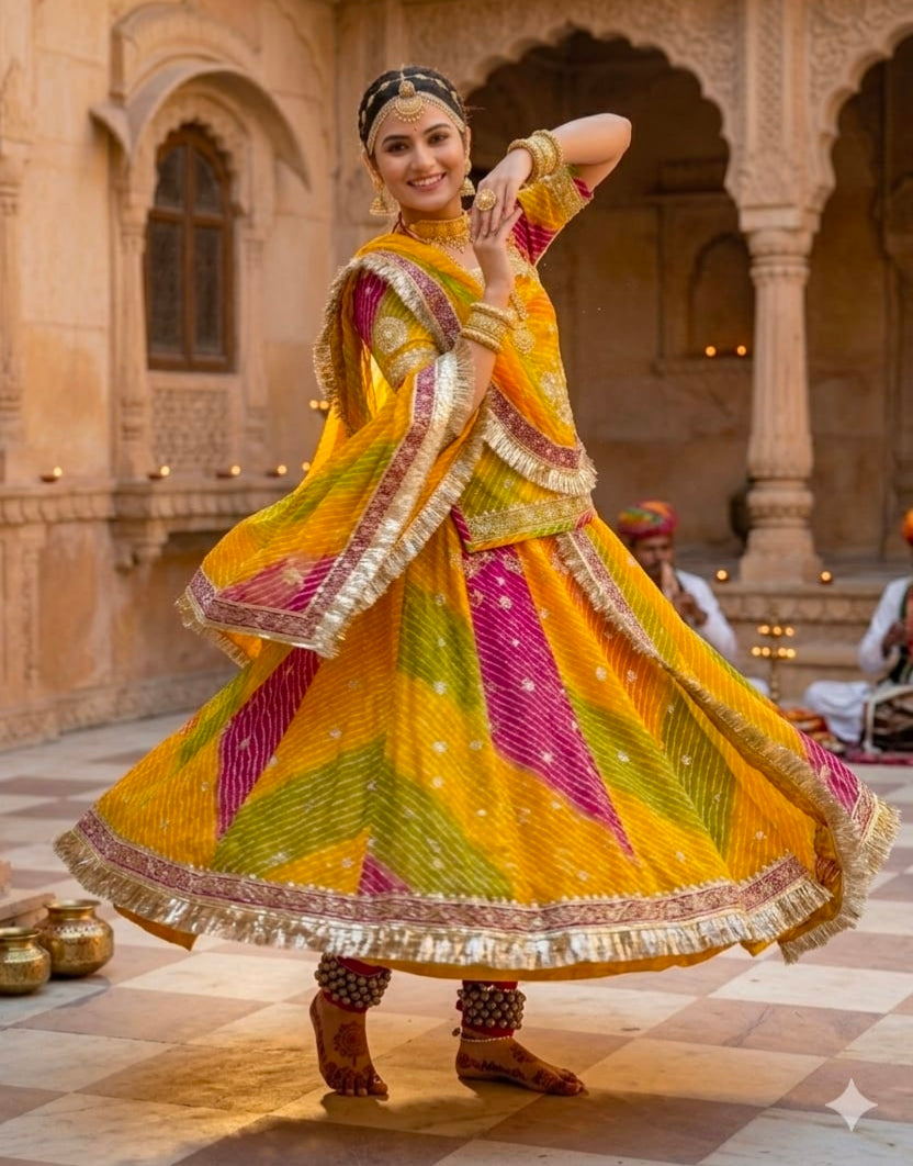 Mustard Pure Georgette Lehariya Chunni Rajasthani Rajputi Lehenga Choli