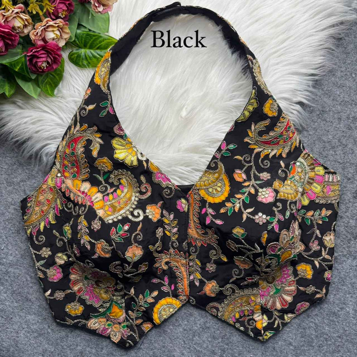 Black Pure Viscose Soft Crape Silk Halter Neck Pure Position Work Navratri Blouse