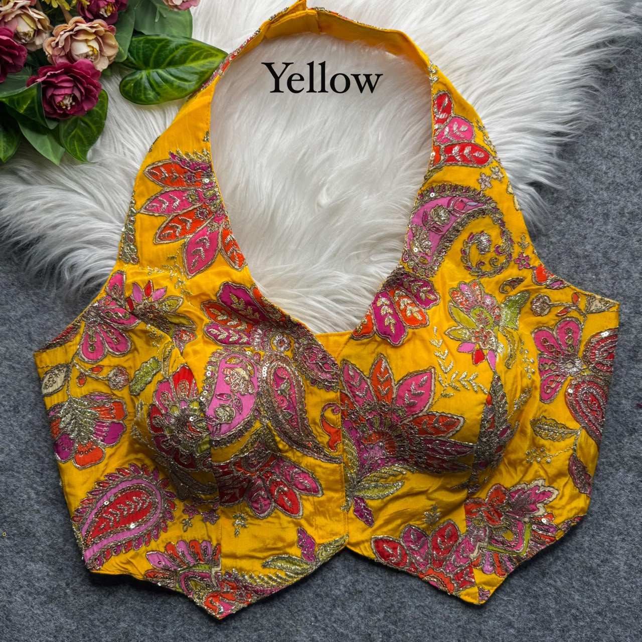 Yellow Pure Viscose Soft Crape Silk Halter Neck Pure Position Work Navratri Blouse