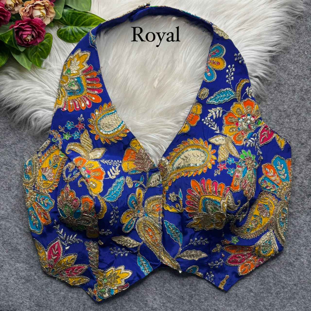 Royal Blue Pure Viscose Soft Crape Silk Halter Neck Pure Position Work Navratri Blouse