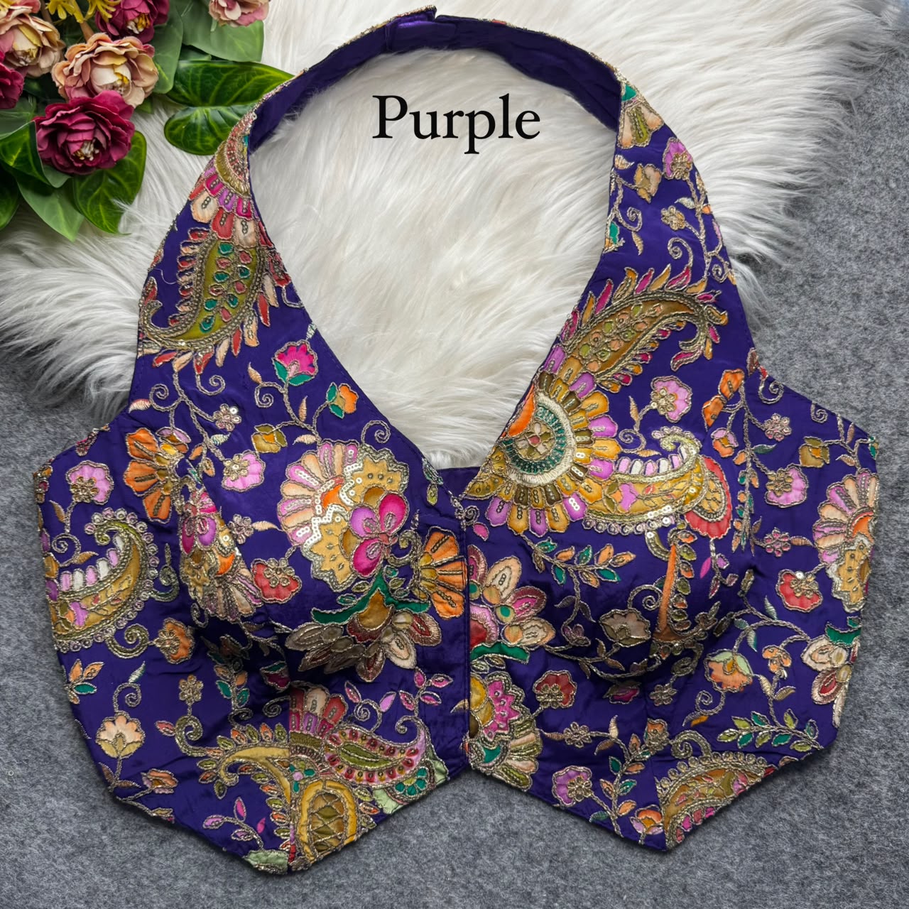 Purple Pure Viscose Soft Crape Silk Halter Neck Pure Position Work Navratri Blouse