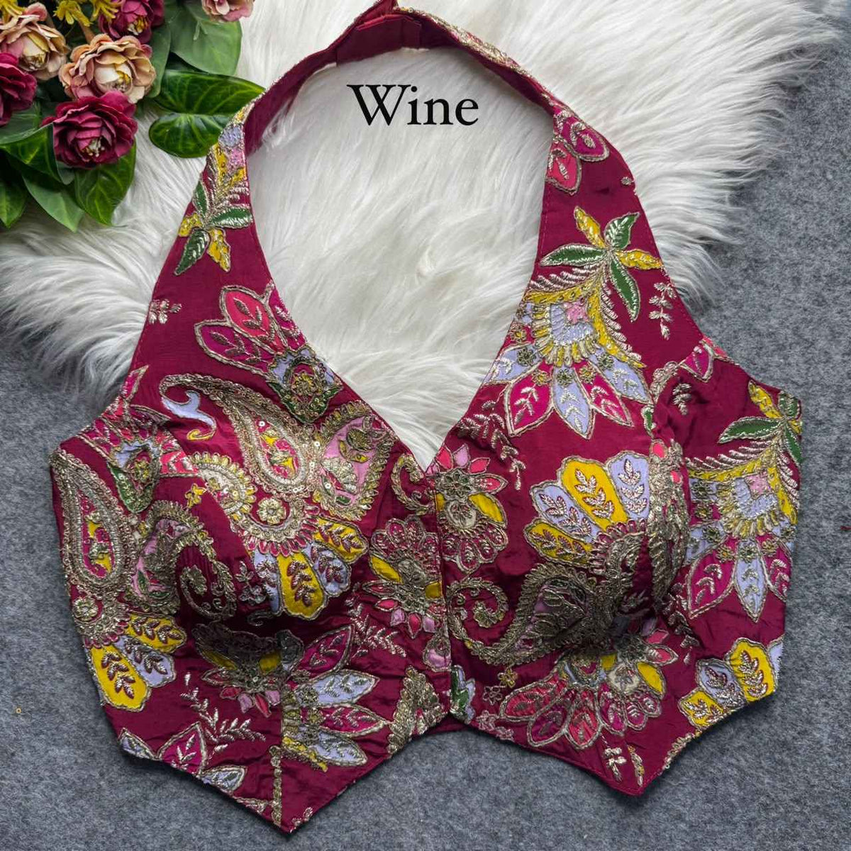 Wine Pure Viscose Soft Crape Silk Halter Neck Pure Position Work Navratri Blouse