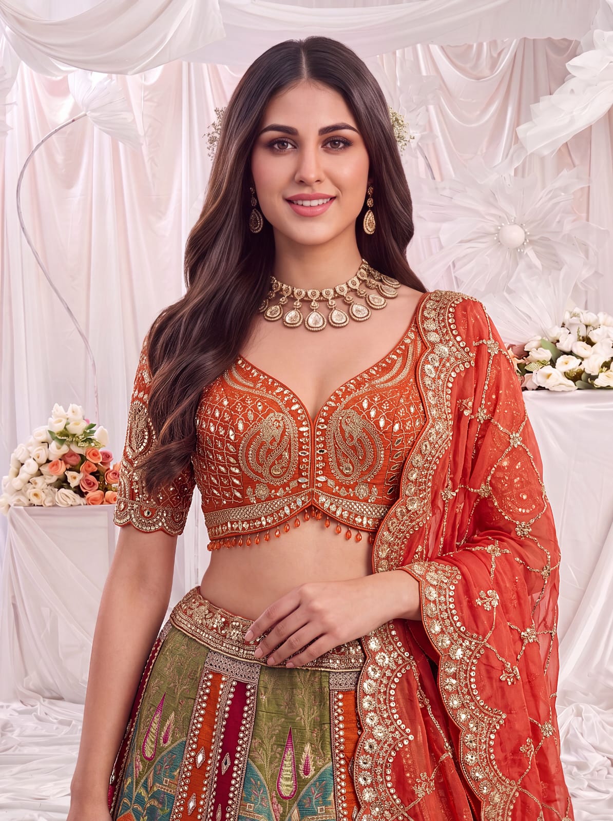 Orange Pure Soft Gadhwal Silk Heavy Embroidery Work Bridal Lehenga Choli