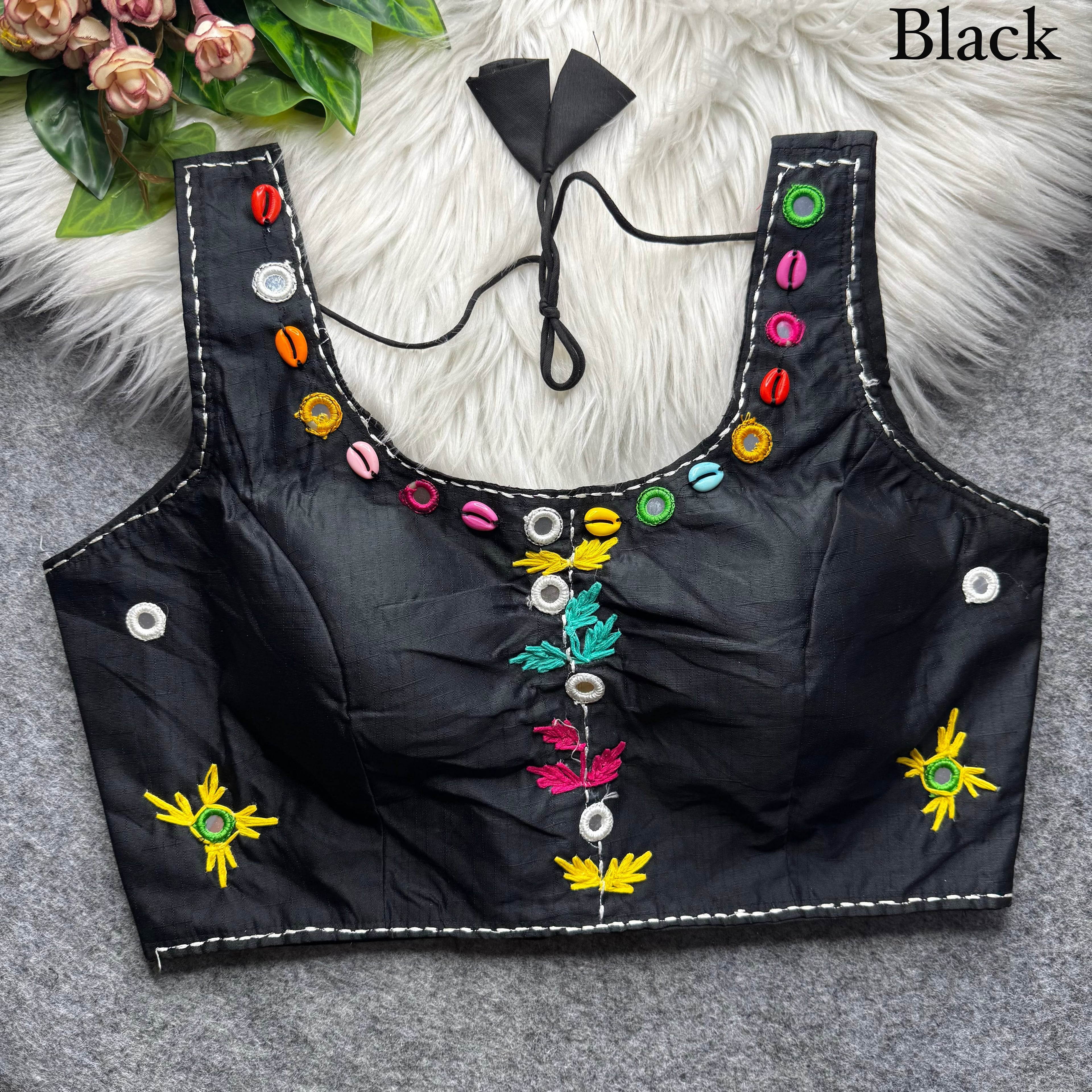Black Pure Soft Phantom Silk Multi Handwork Thread Kaudi Hand Mirror Work Navratri Blouse