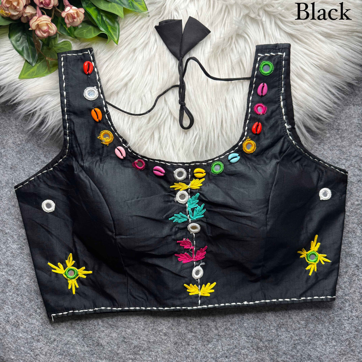 Black Pure Soft Phantom Silk Multi Handwork Thread Kaudi Hand Mirror Work Navratri Blouse
