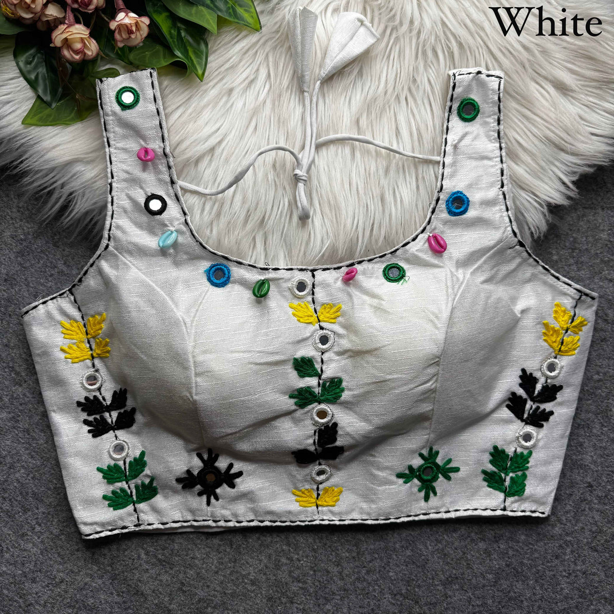 White Pure Soft Phantom Silk Multi Handwork Thread Kaudi Hand Mirror Work Navratri Blouse