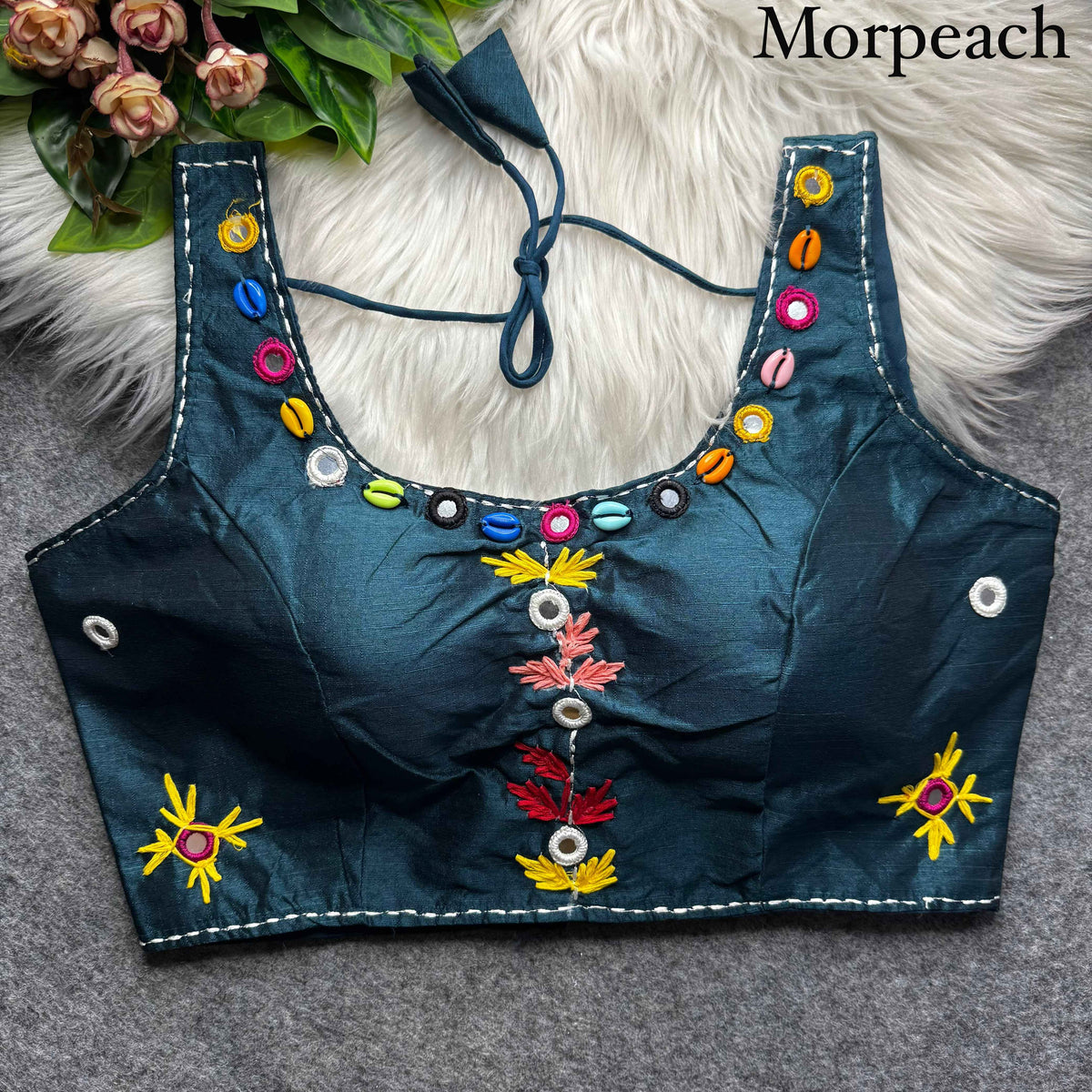 MorePeach Pure Soft Phantom Silk Multi Handwork Thread Kaudi Hand Mirror Work Navratri Blouse