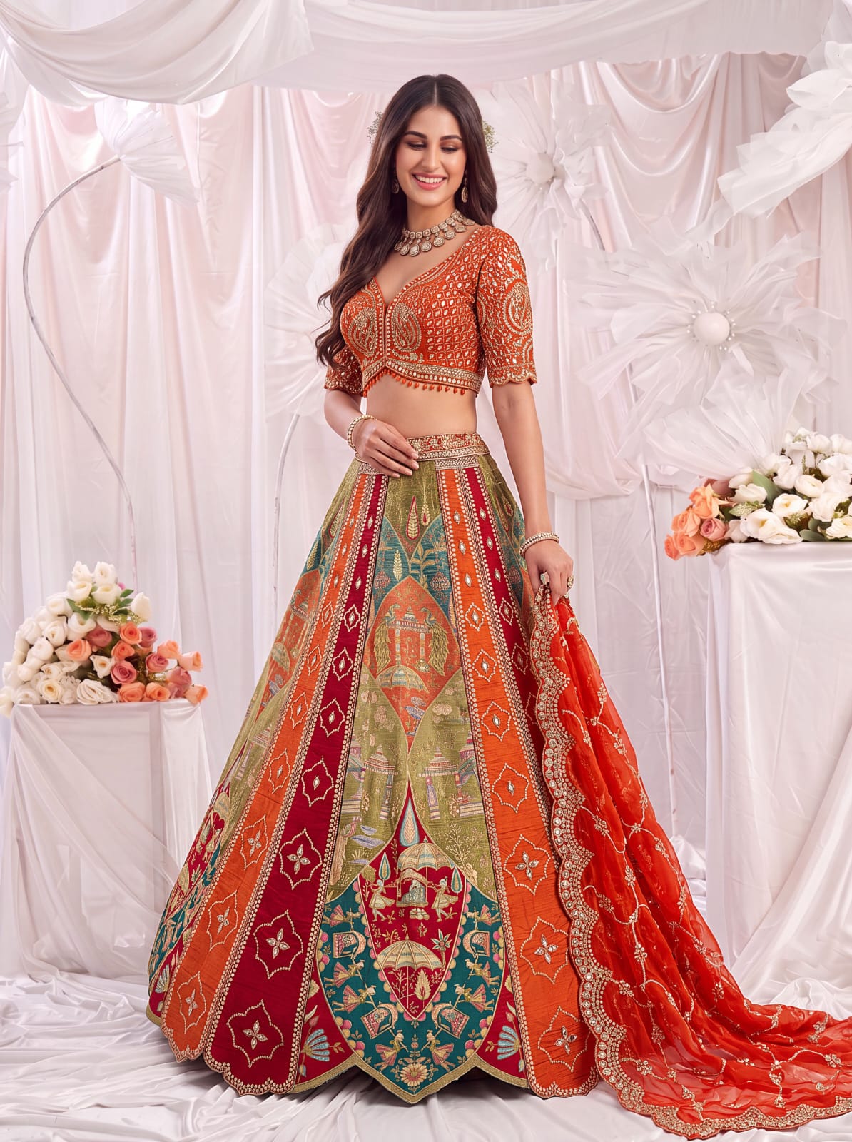 Orange Pure Soft Gadhwal Silk Heavy Embroidery Work Bridal Lehenga Choli