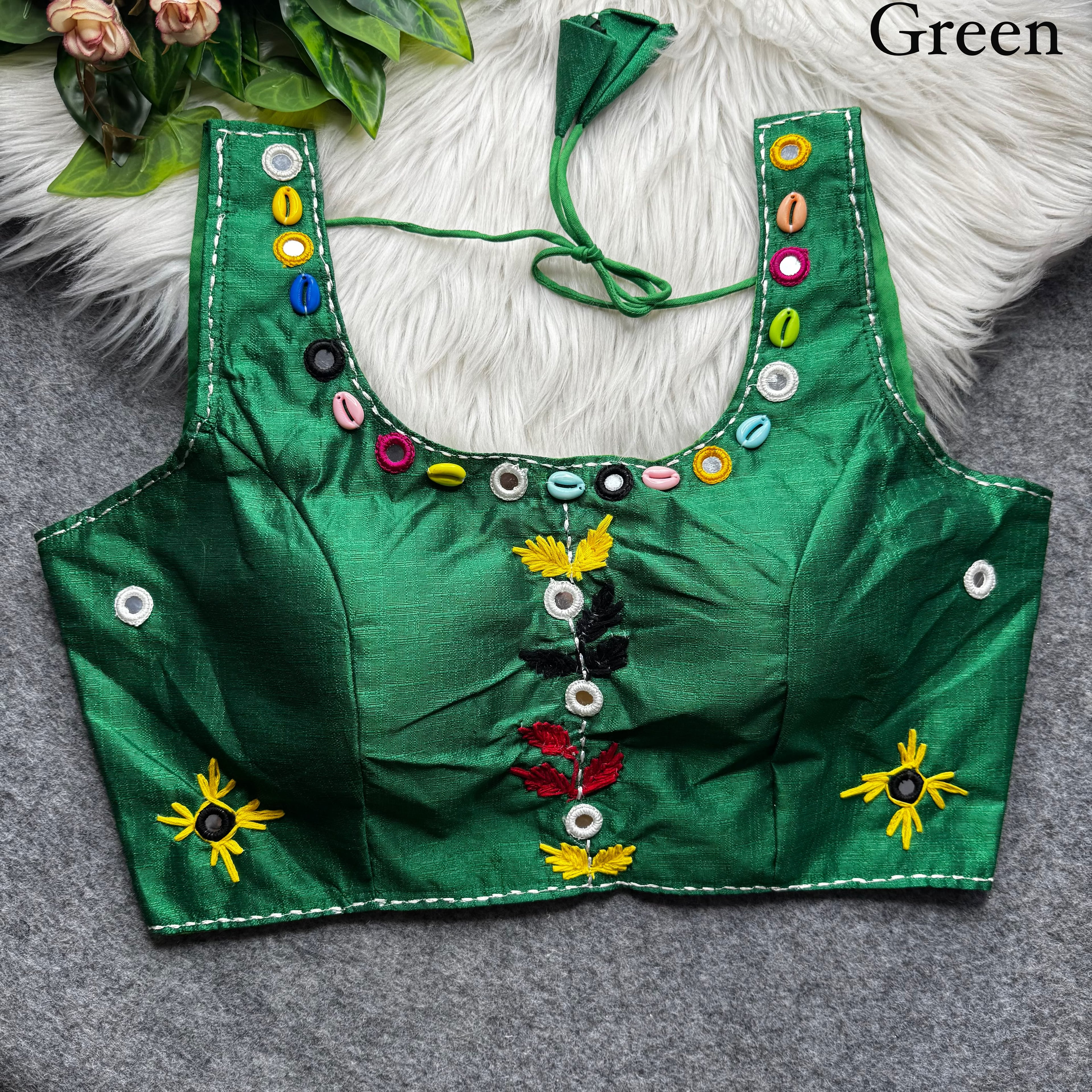 Green Pure Soft Phantom Silk Multi Handwork Thread Kaudi Hand Mirror Work Navratri Blouse