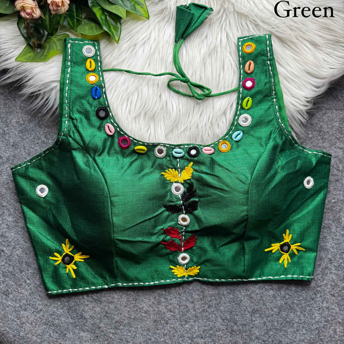 Green Pure Soft Phantom Silk Multi Handwork Thread Kaudi Hand Mirror Work Navratri Blouse