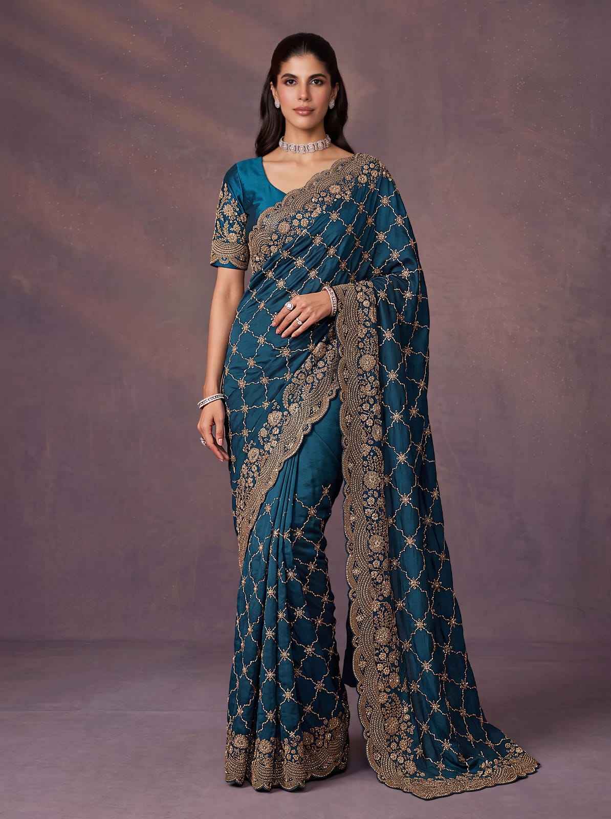 Blue Pure Soft Satin Silk Metalic Dori Embroidery Zari Work Sequins Bridal Saree