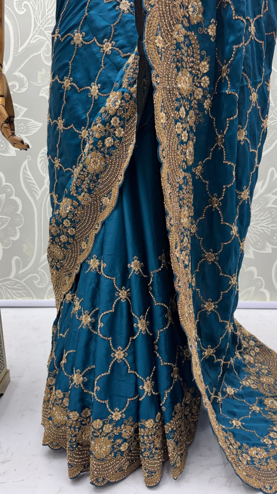 Blue Pure Soft Satin Silk Metalic Dori Embroidery Zari Work Sequins Bridal Saree