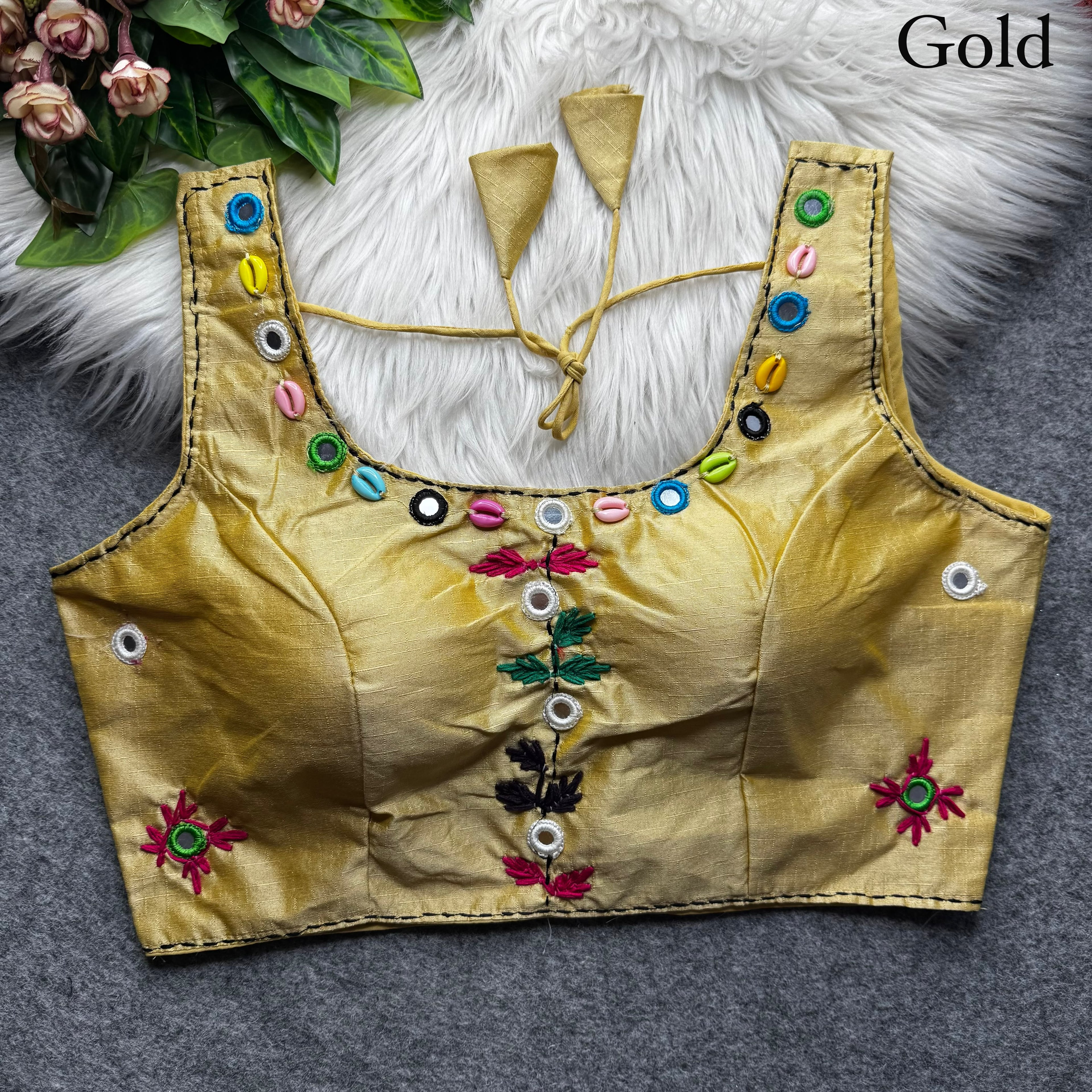 Gold Pure Soft Phantom Silk Multi Handwork Thread Kaudi Hand Mirror Work Navratri Blouse