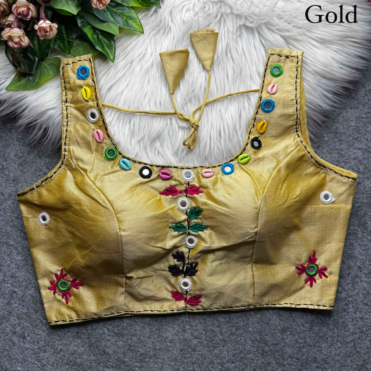 Gold Pure Soft Phantom Silk Multi Handwork Thread Kaudi Hand Mirror Work Navratri Blouse
