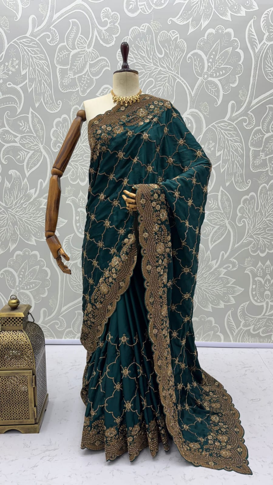 Blue Pure Soft Satin Silk Metalic Dori Embroidery Zari Work Sequins Bridal Saree