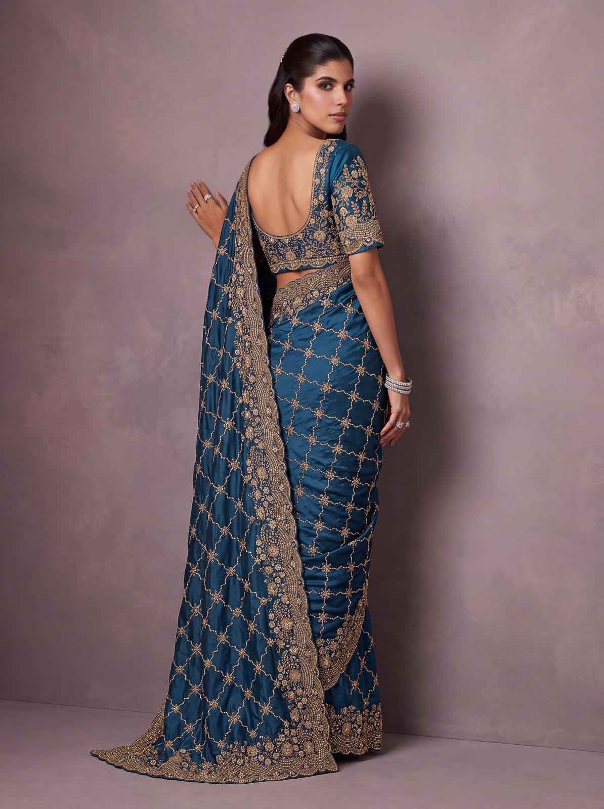 Blue Pure Soft Satin Silk Metalic Dori Embroidery Zari Work Sequins Bridal Saree