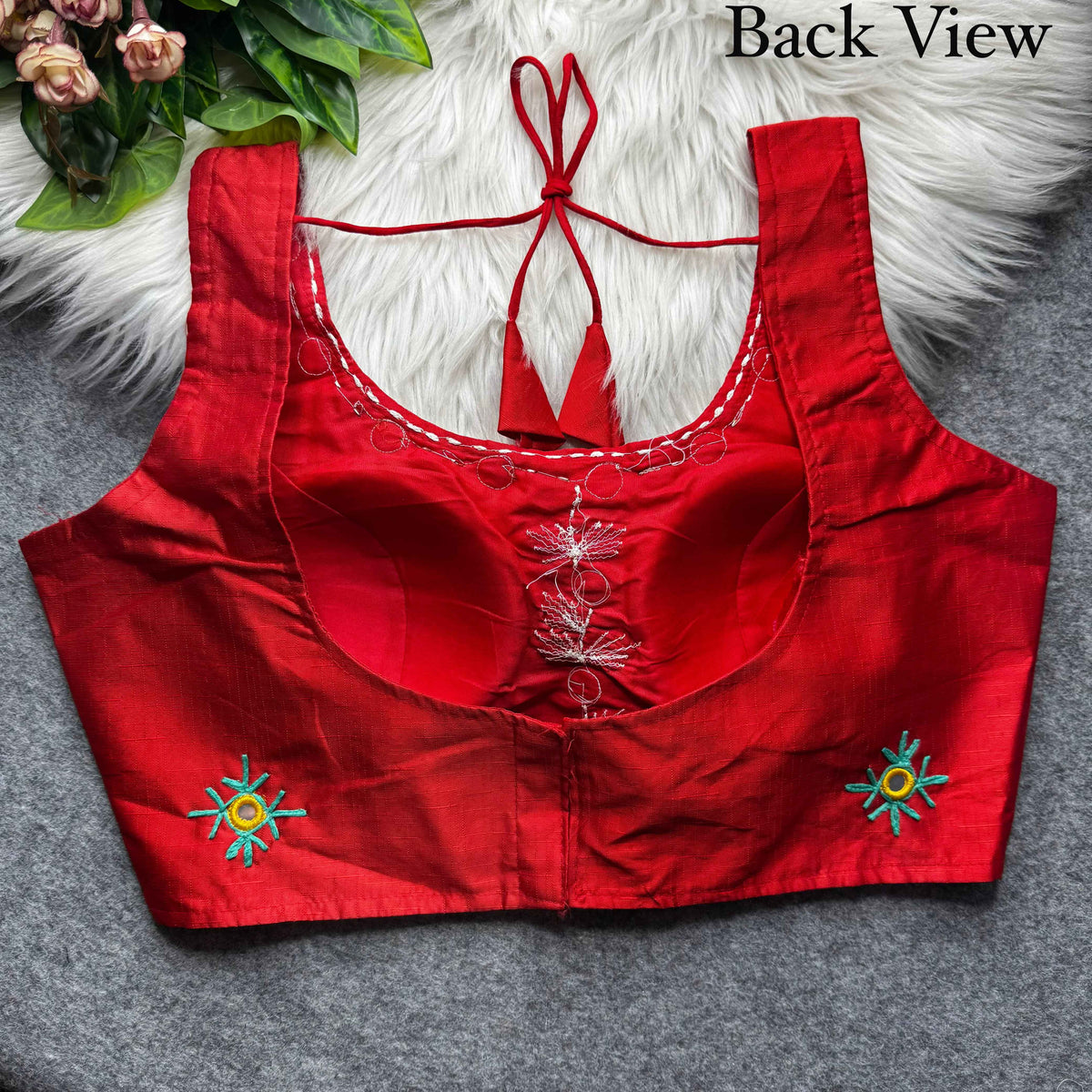 Red Pure Soft Phantom Silk Multi Handwork Thread Kaudi Hand Mirror Work Navratri Blouse