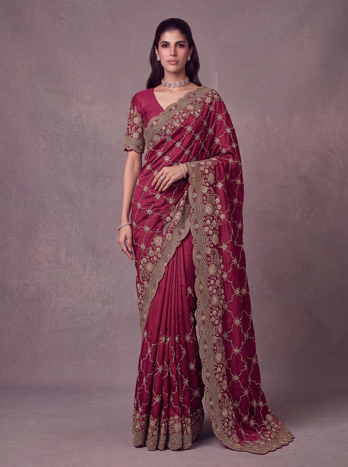 Red Pure Soft Satin Silk Metalic Dori Embroidery Zari Work Sequins Bridal Saree