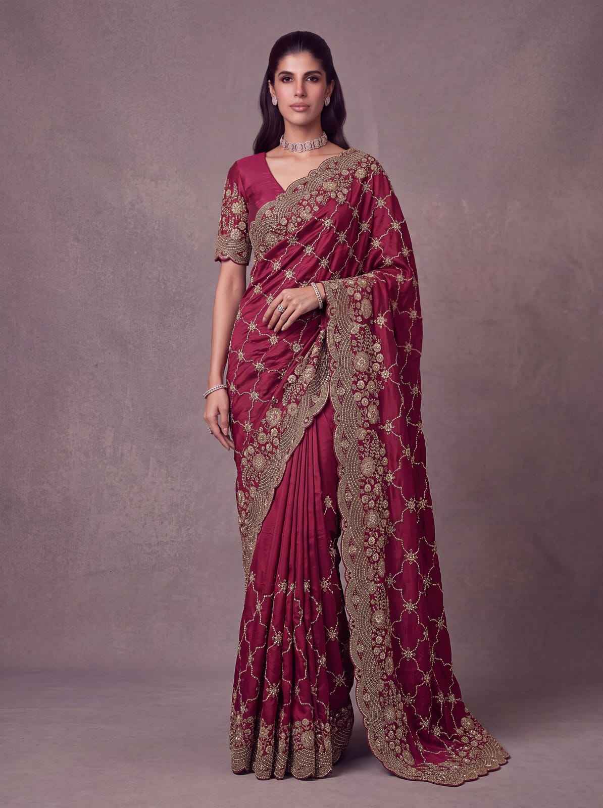 Red Pure Soft Satin Silk Metalic Dori Embroidery Zari Work Sequins Bridal Saree