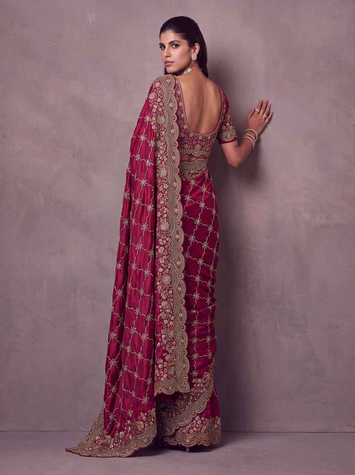 Red Pure Soft Satin Silk Metalic Dori Embroidery Zari Work Sequins Bridal Saree