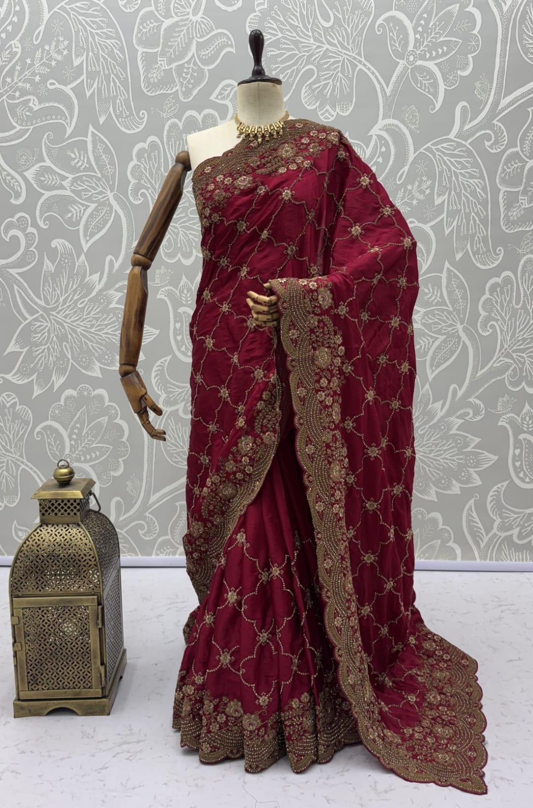 Red Pure Soft Satin Silk Metalic Dori Embroidery Zari Work Sequins Bridal Saree
