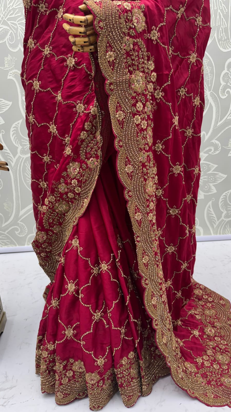 Red Pure Soft Satin Silk Metalic Dori Embroidery Zari Work Sequins Bridal Saree
