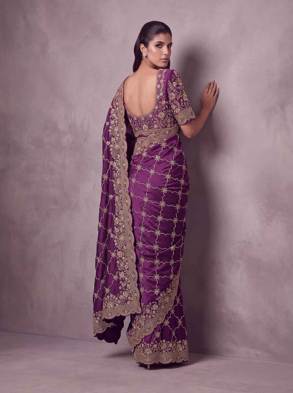 Purple Pure Soft Satin Silk Metalic Dori Embroidery Zari Work Sequins Bridal Saree