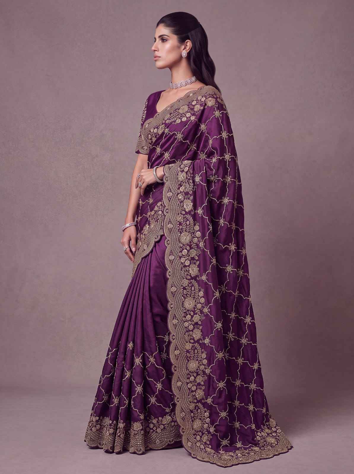 Purple Pure Soft Satin Silk Metalic Dori Embroidery Zari Work Sequins Bridal Saree