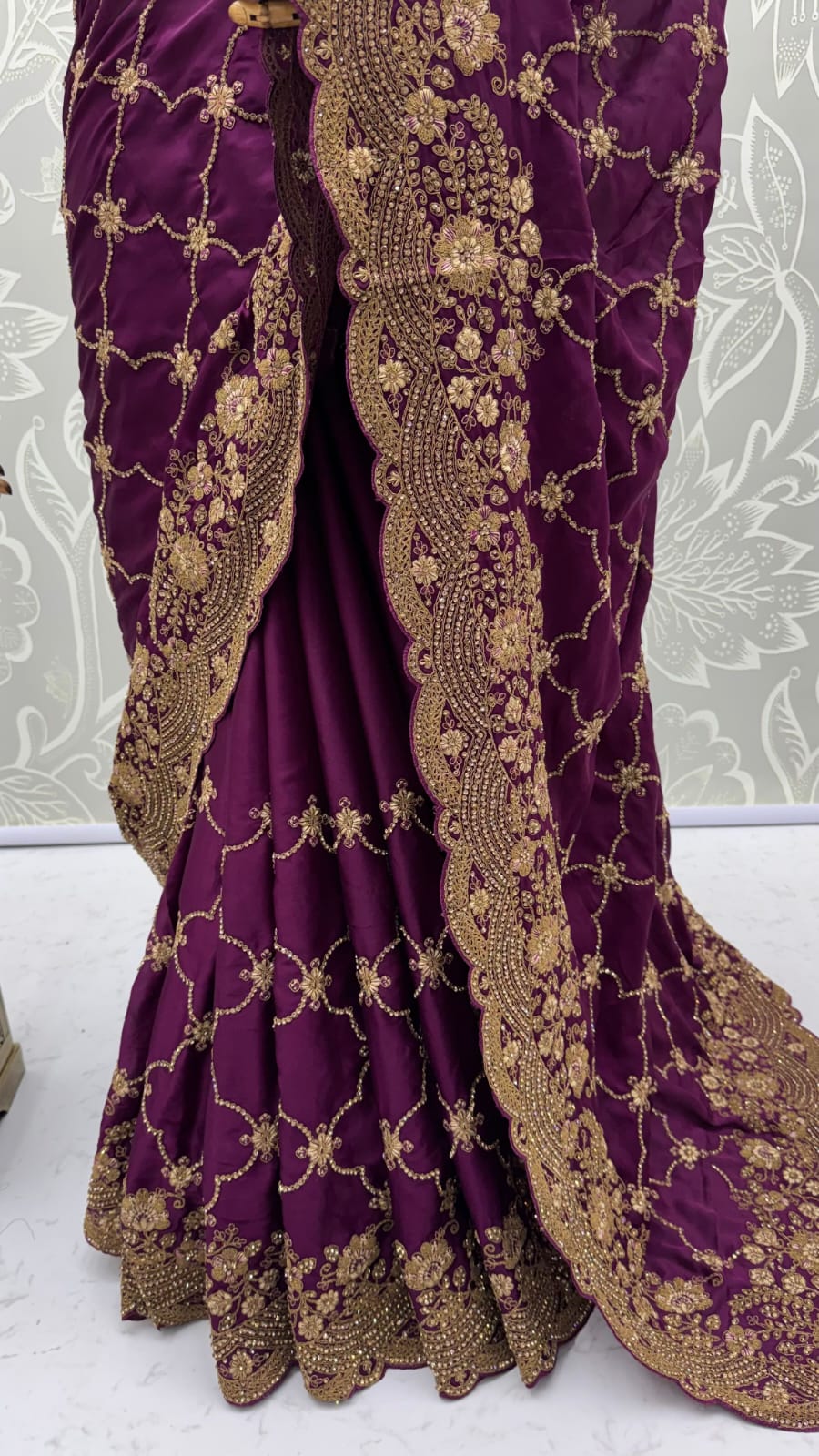 Purple Pure Soft Satin Silk Metalic Dori Embroidery Zari Work Sequins Bridal Saree