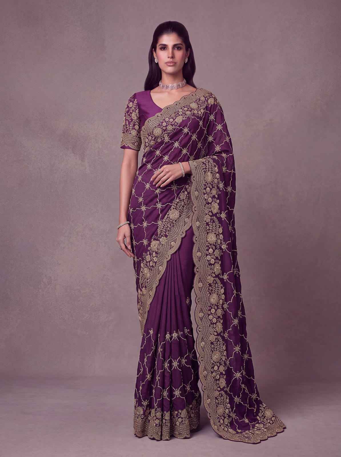 Purple Pure Soft Satin Silk Metalic Dori Embroidery Zari Work Sequins Bridal Saree