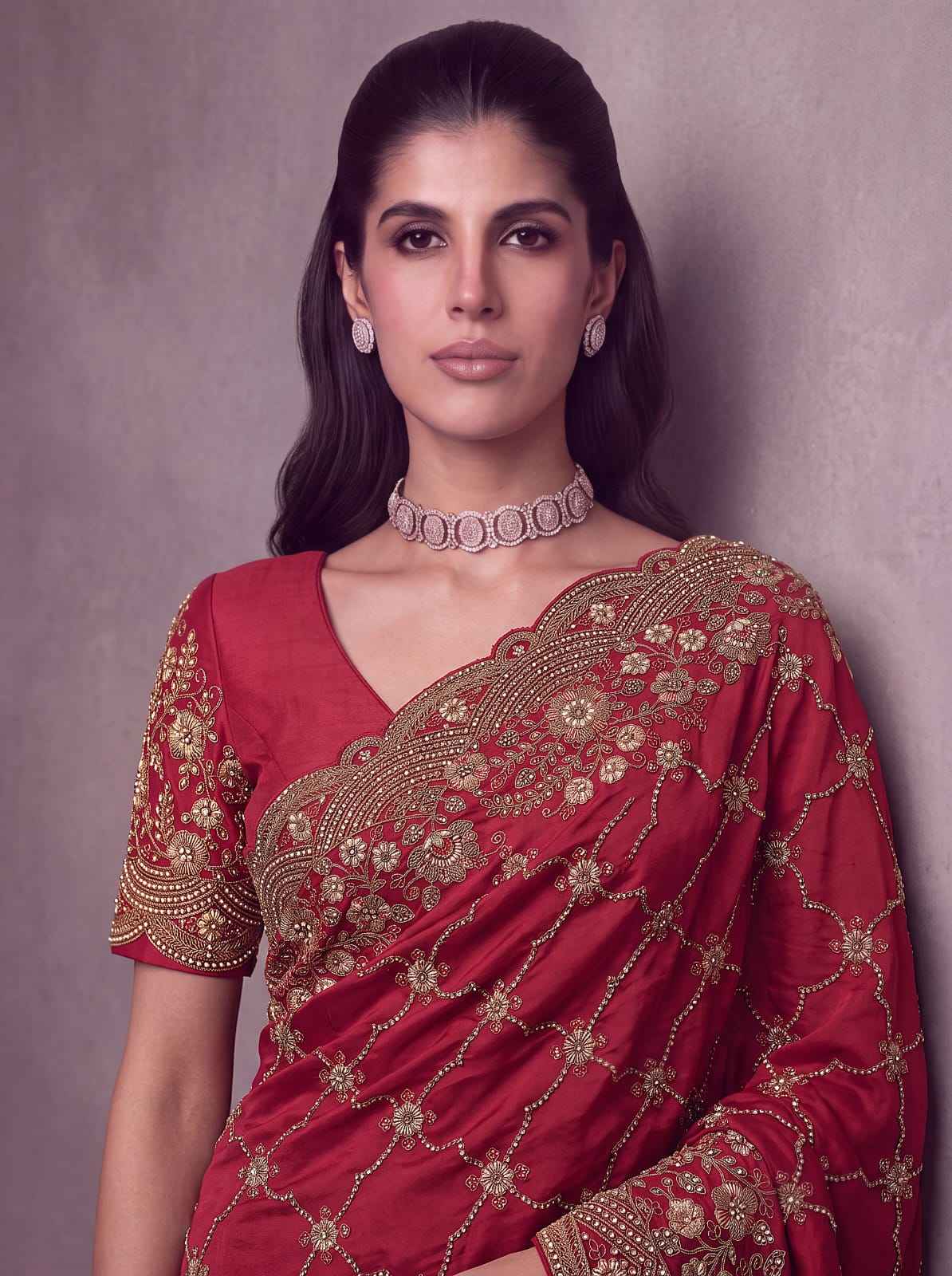 Red Pure Soft Satin Silk Metalic Dori Embroidery Zari Work Sequins Bridal Saree