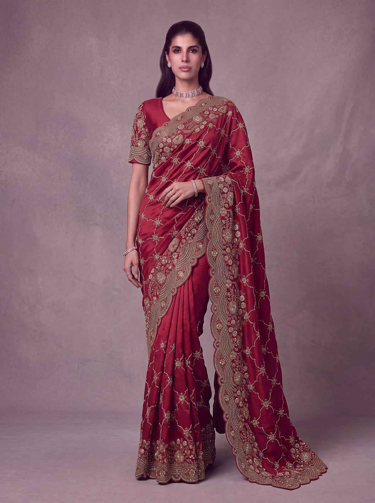 Red Pure Soft Satin Silk Metalic Dori Embroidery Zari Work Sequins Bridal Saree