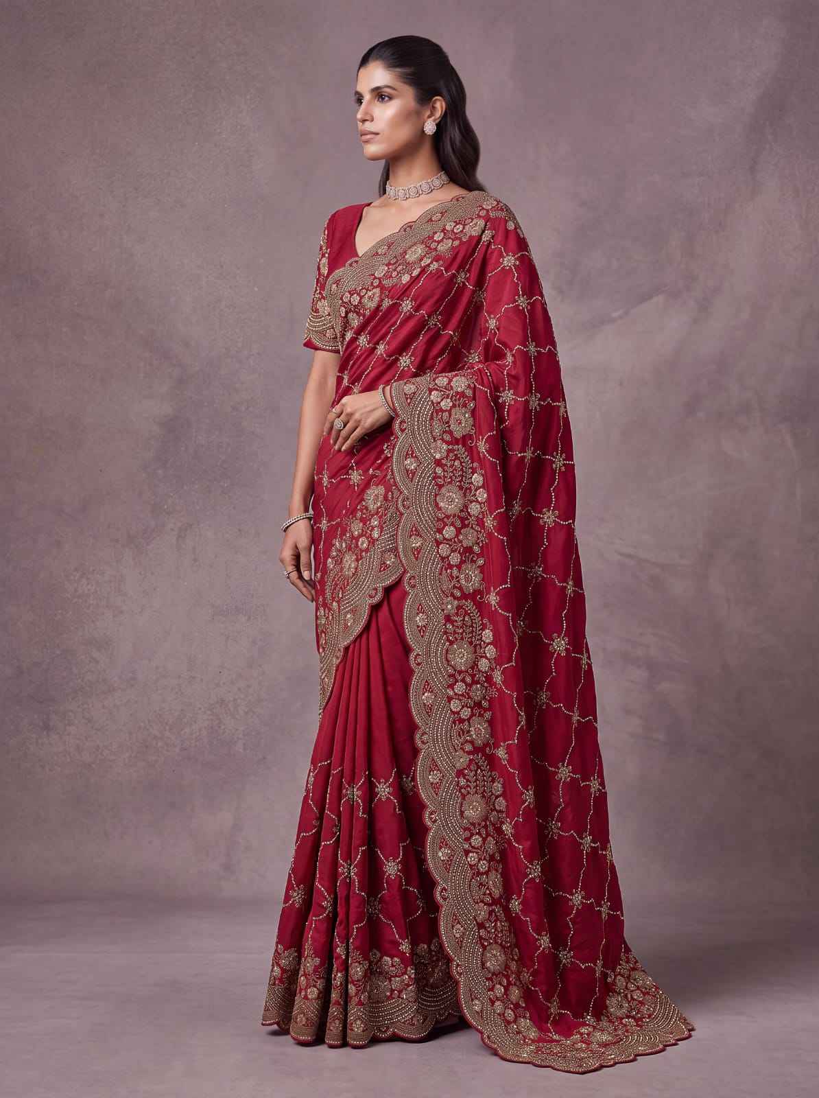 Red Pure Soft Satin Silk Metalic Dori Embroidery Zari Work Sequins Bridal Saree