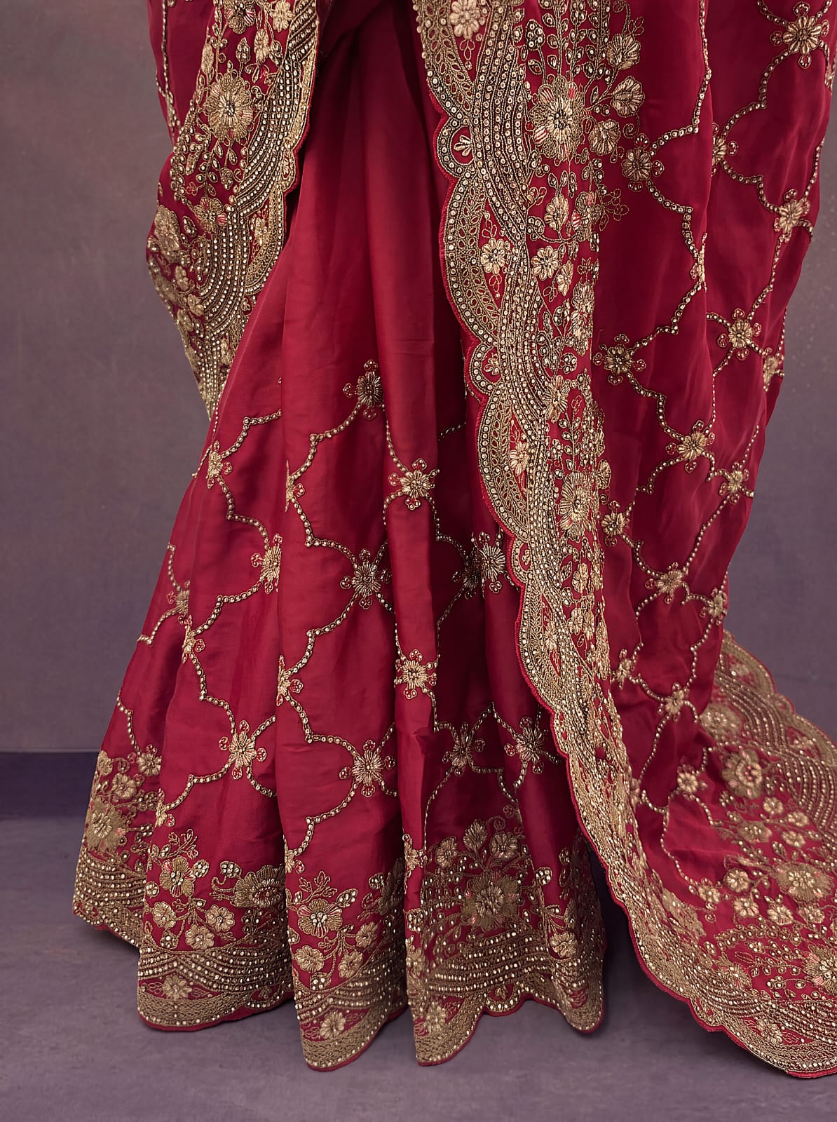 Red Pure Soft Satin Silk Metalic Dori Embroidery Zari Work Sequins Bridal Saree