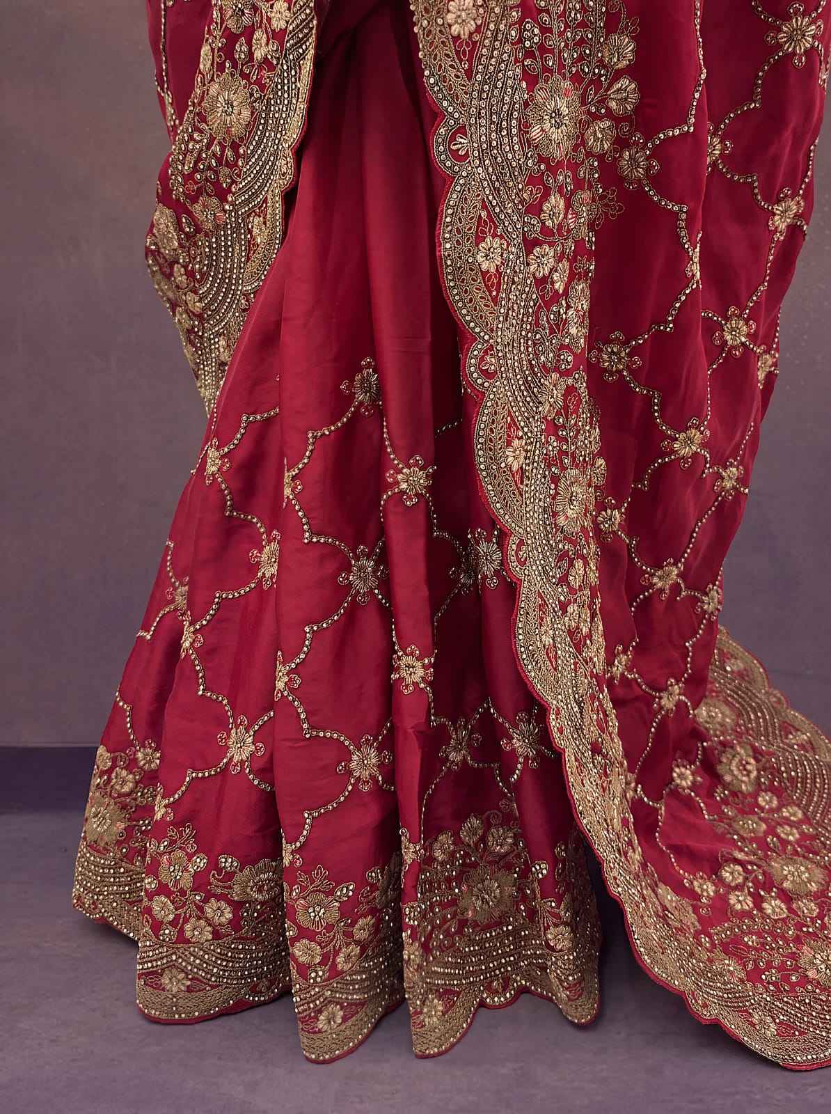 Red Pure Soft Satin Silk Metalic Dori Embroidery Zari Work Sequins Bridal Saree