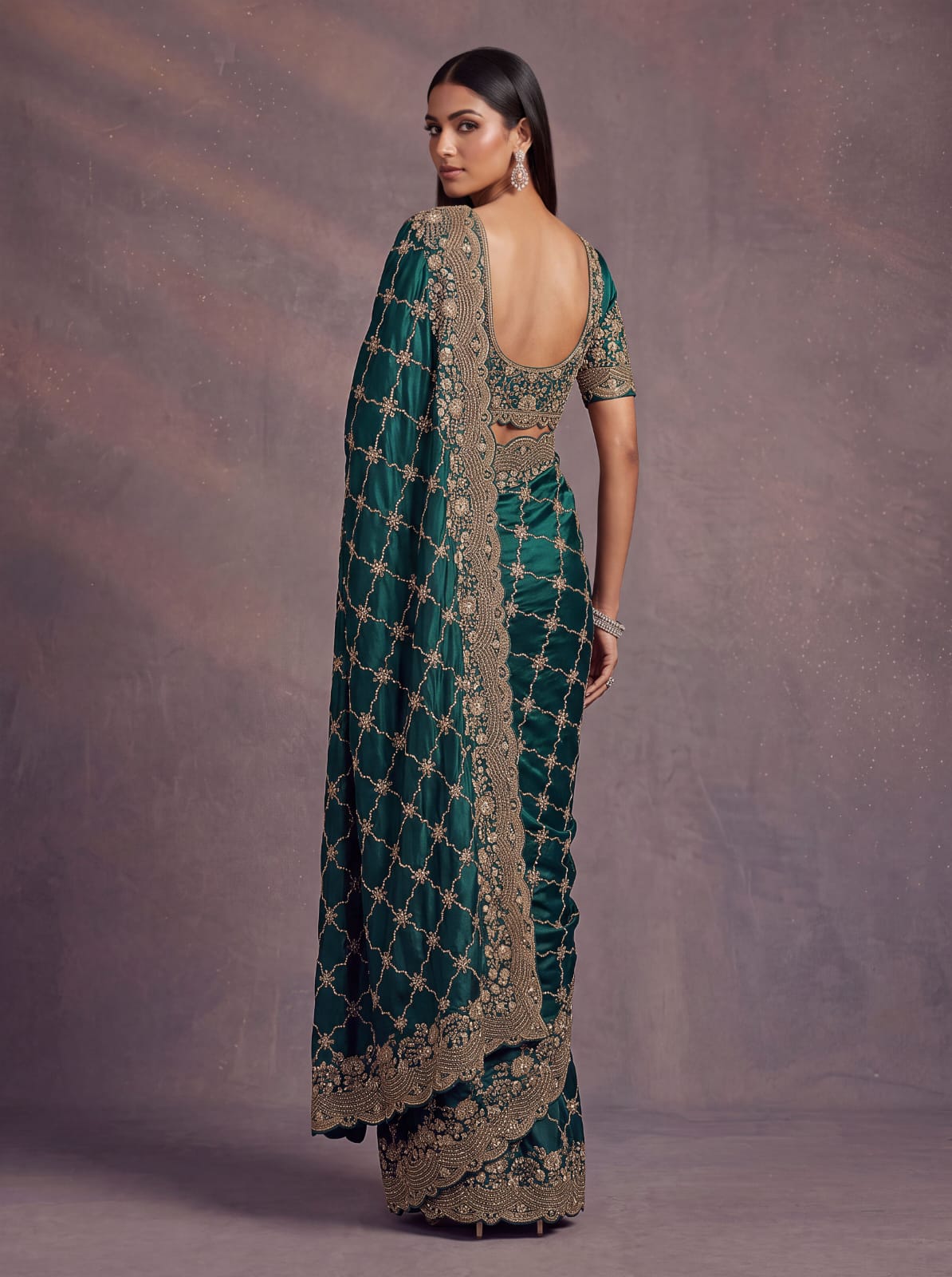 Green Pure Soft Satin Silk Metalic Dori Embroidery Zari Work Sequins Bridal Saree