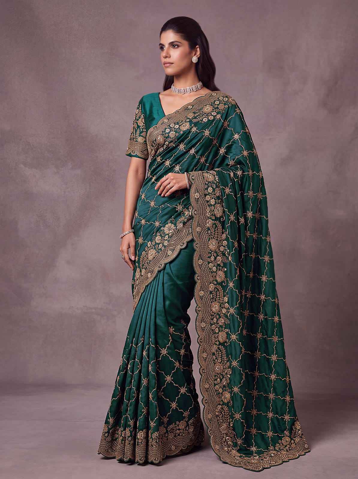 Green Pure Soft Satin Silk Metalic Dori Embroidery Zari Work Sequins Bridal Saree