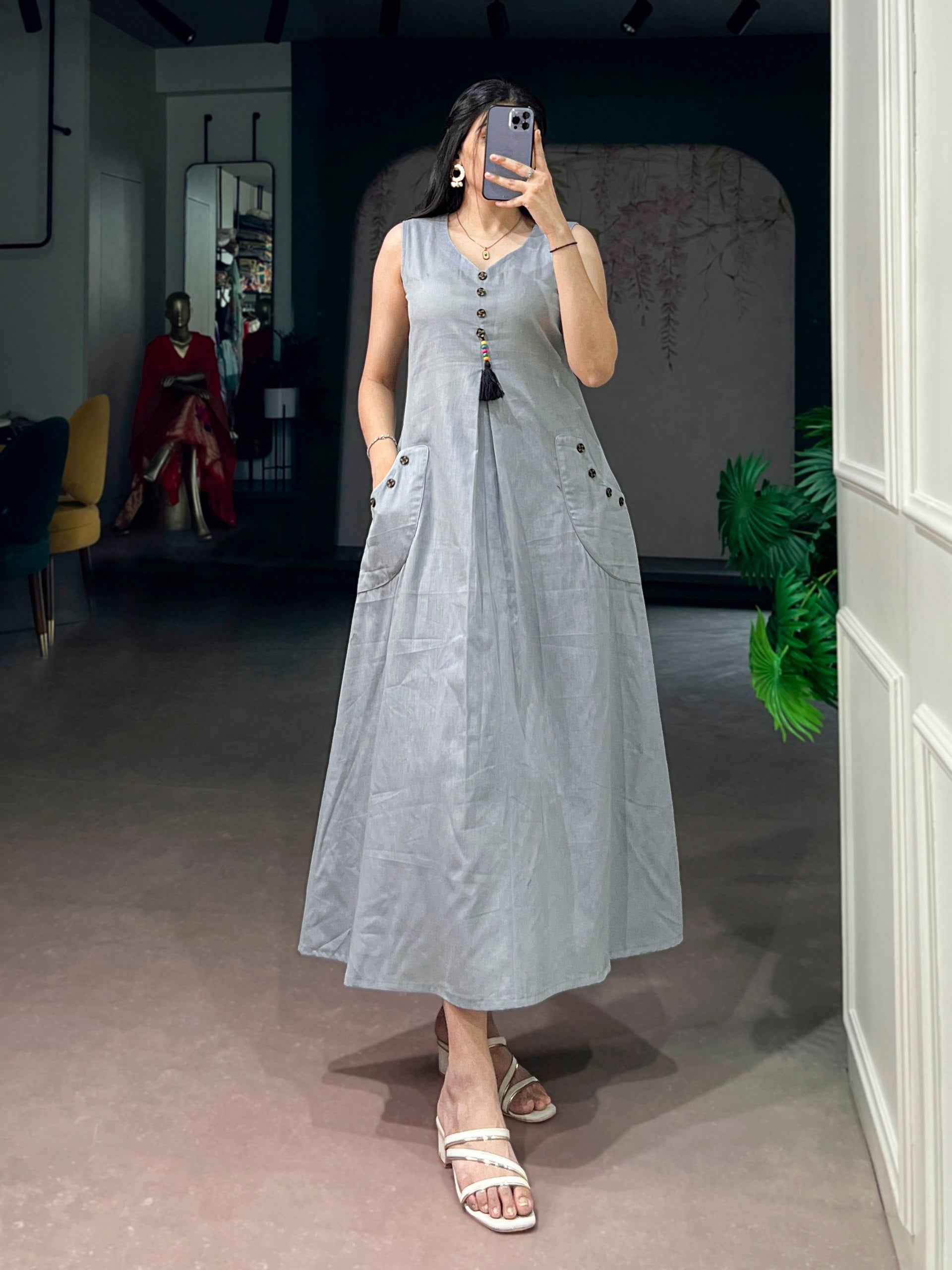 Grey Pure Khadi Cotton Long Kurti with Wooden Buttons