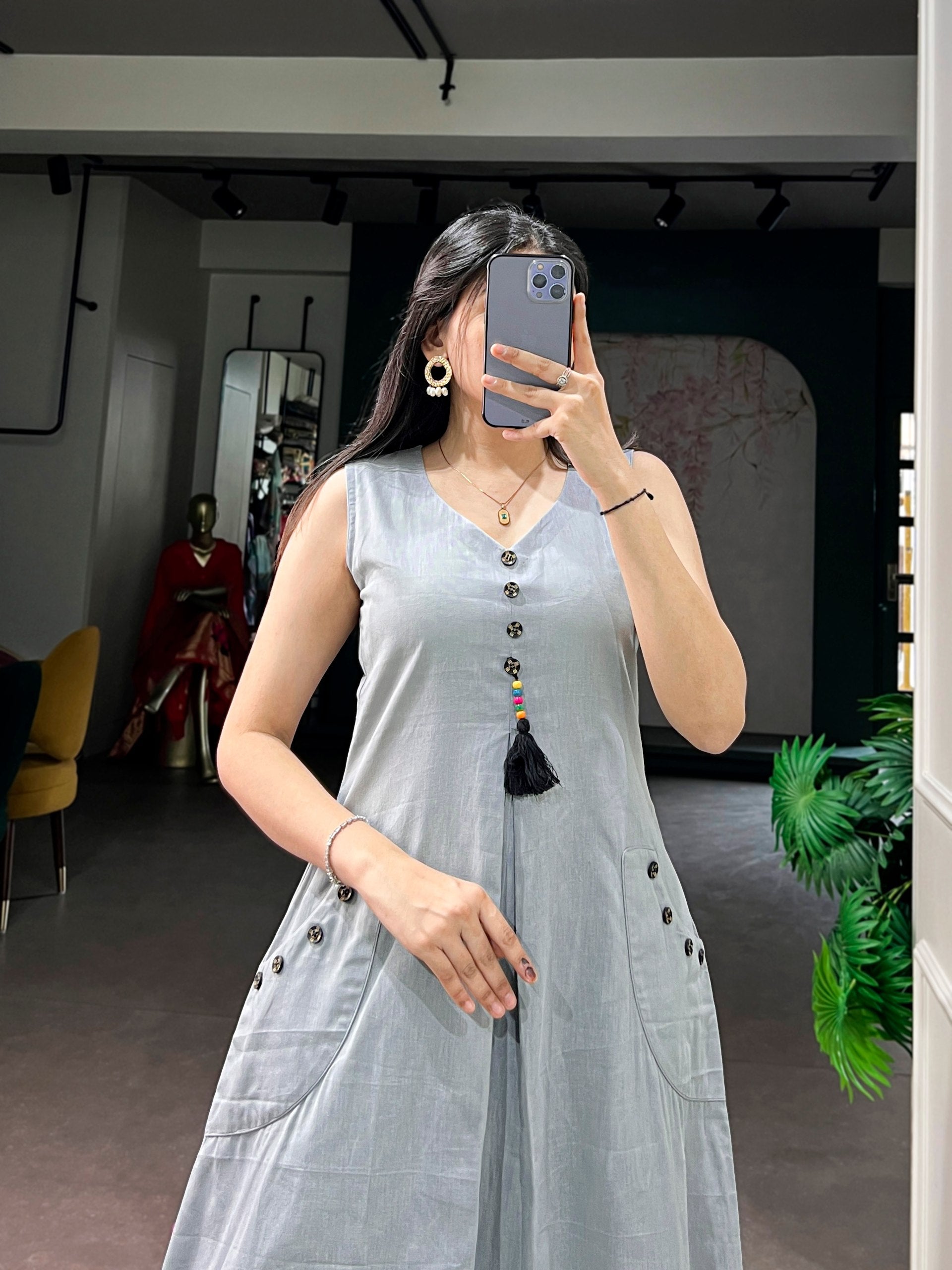 Grey Pure Khadi Cotton Long Kurti with Wooden Buttons