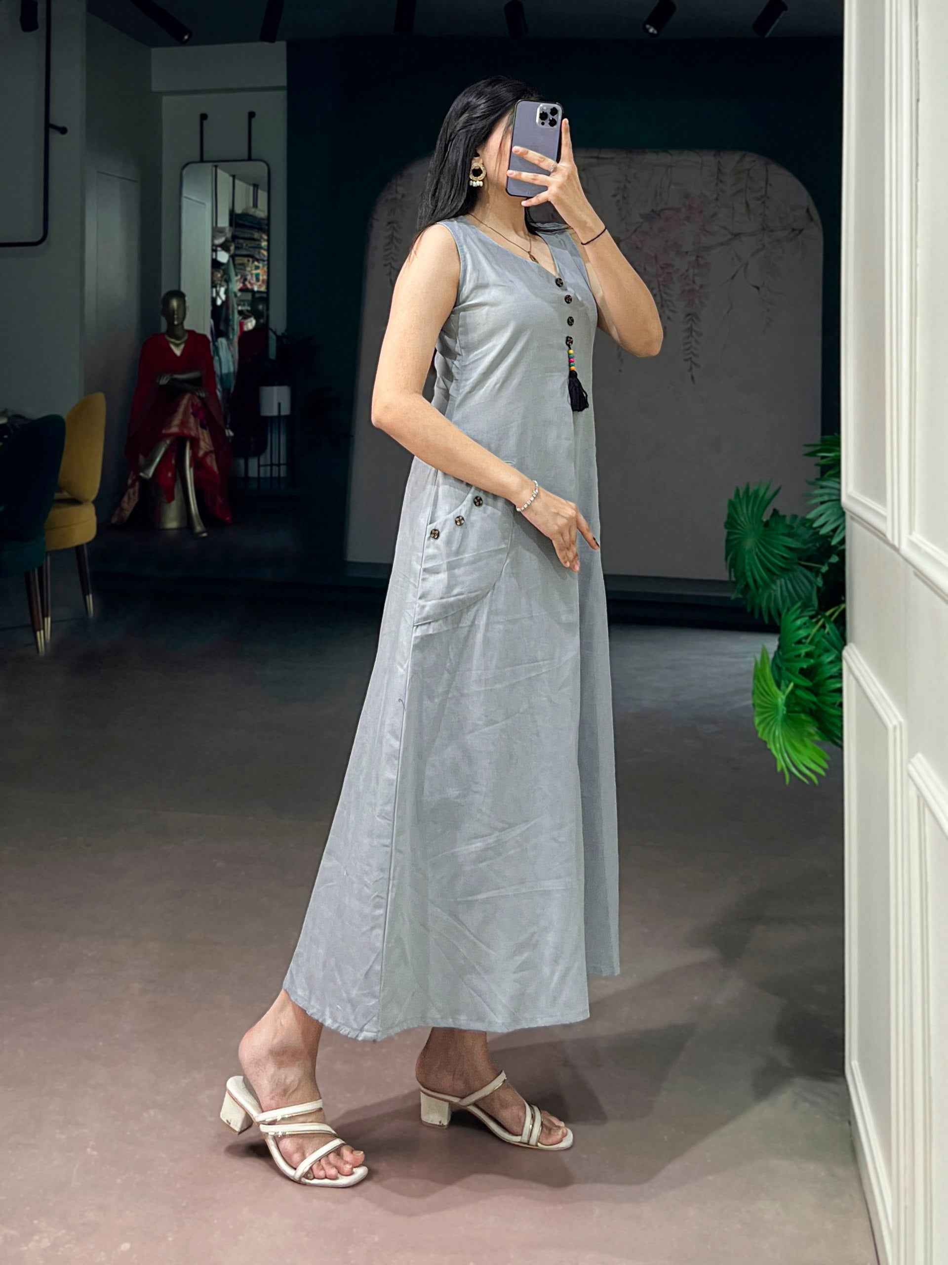 Grey Pure Khadi Cotton Long Kurti with Wooden Buttons