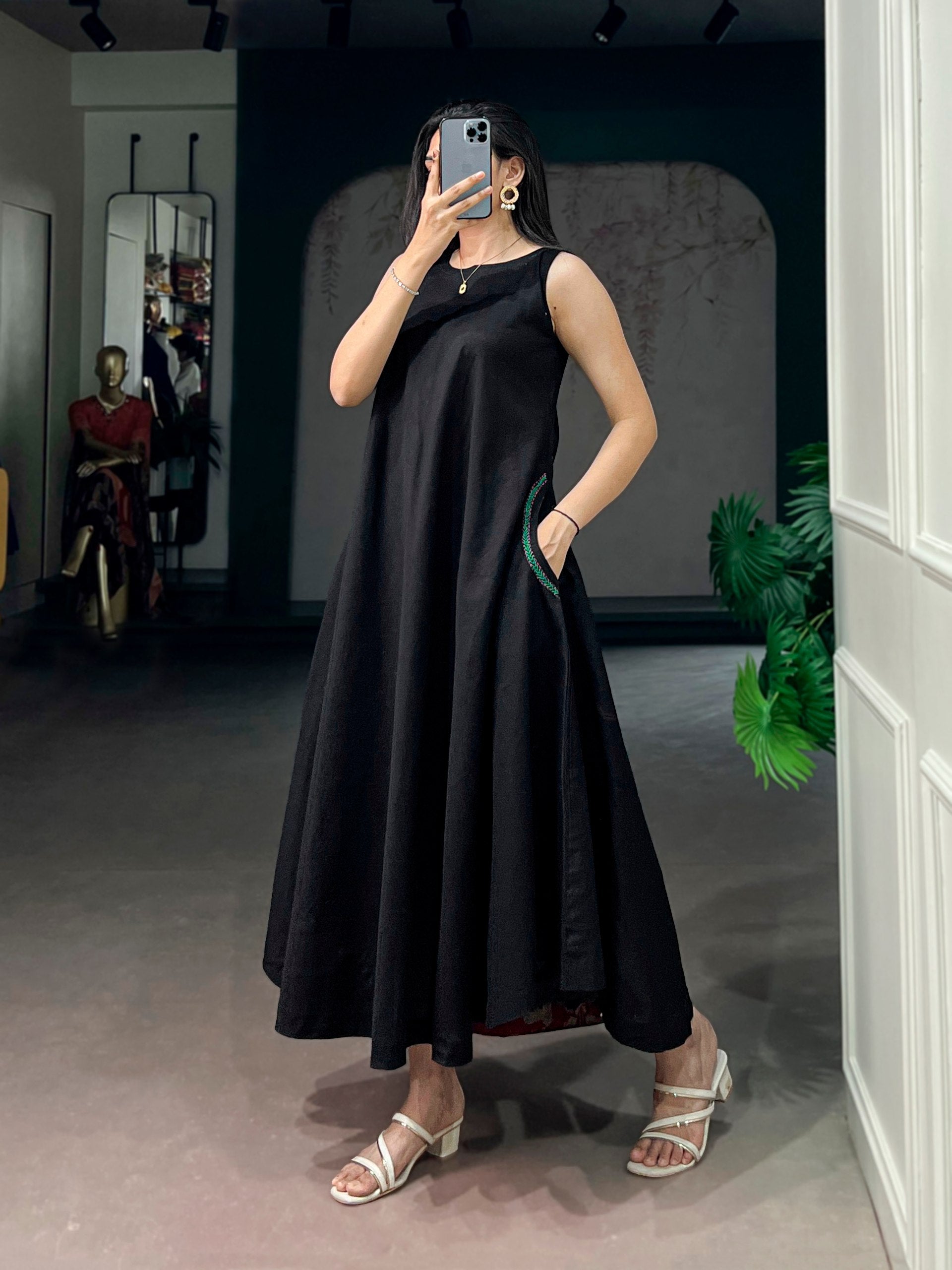 Black Pure Khadi Cotton Long Kurti with Wooden Buttons