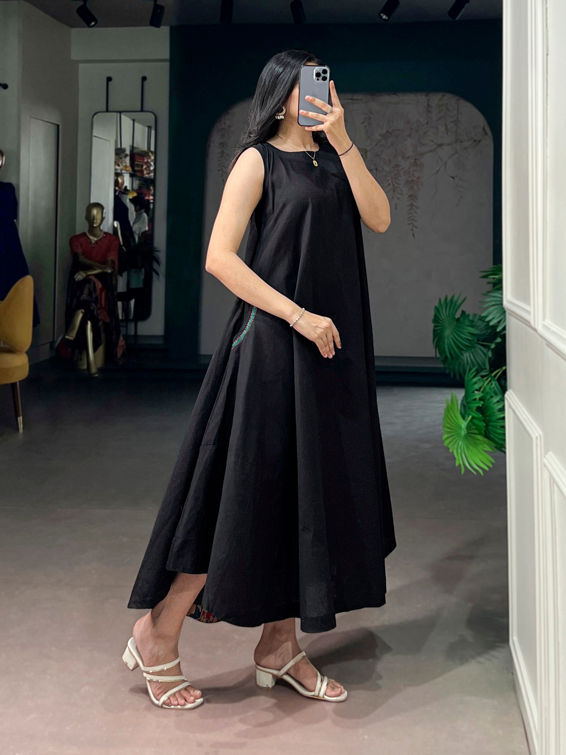 Black Pure Khadi Cotton Long Kurti with Wooden Buttons