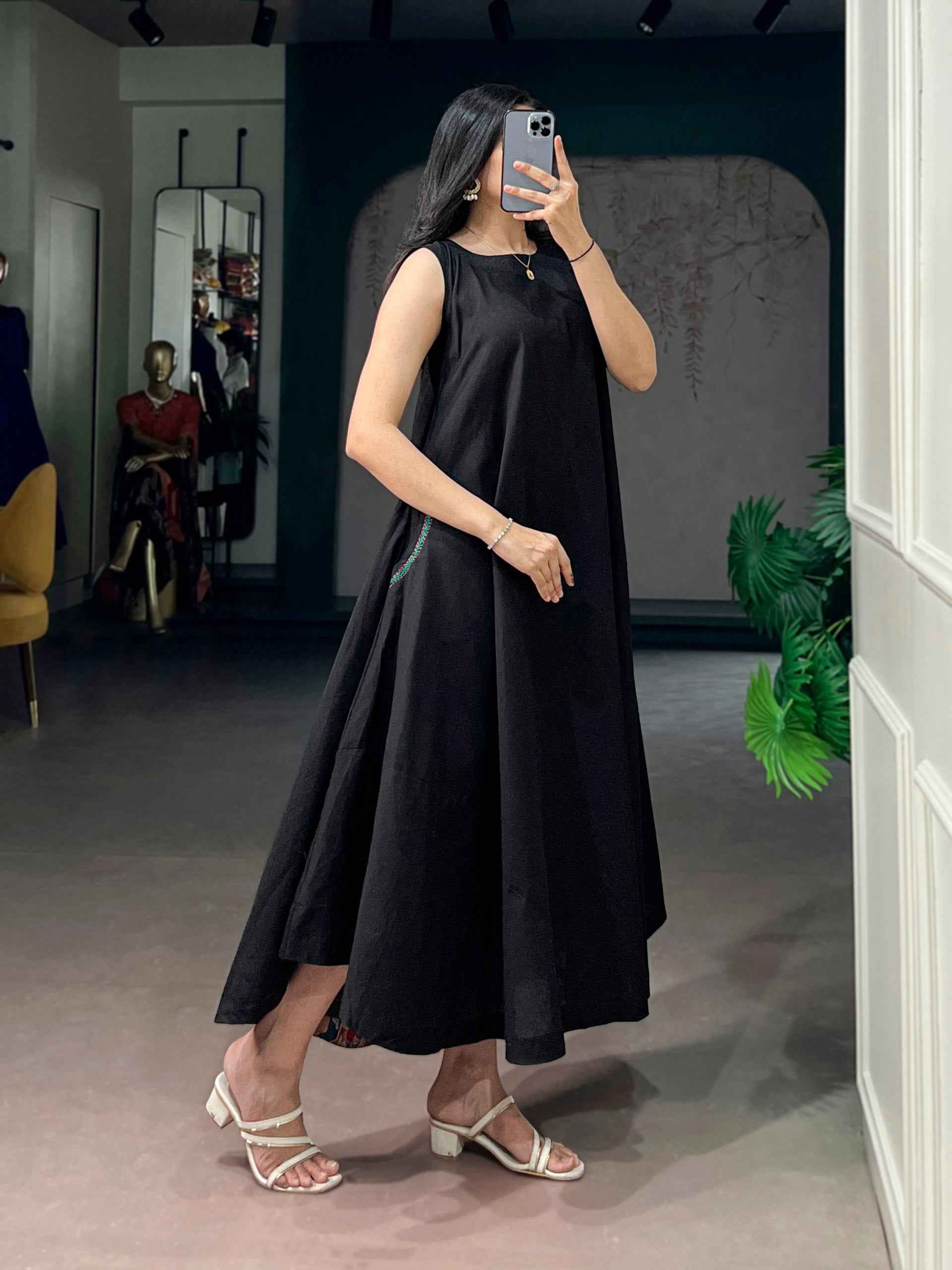 Black Pure Khadi Cotton Long Kurti with Wooden Buttons