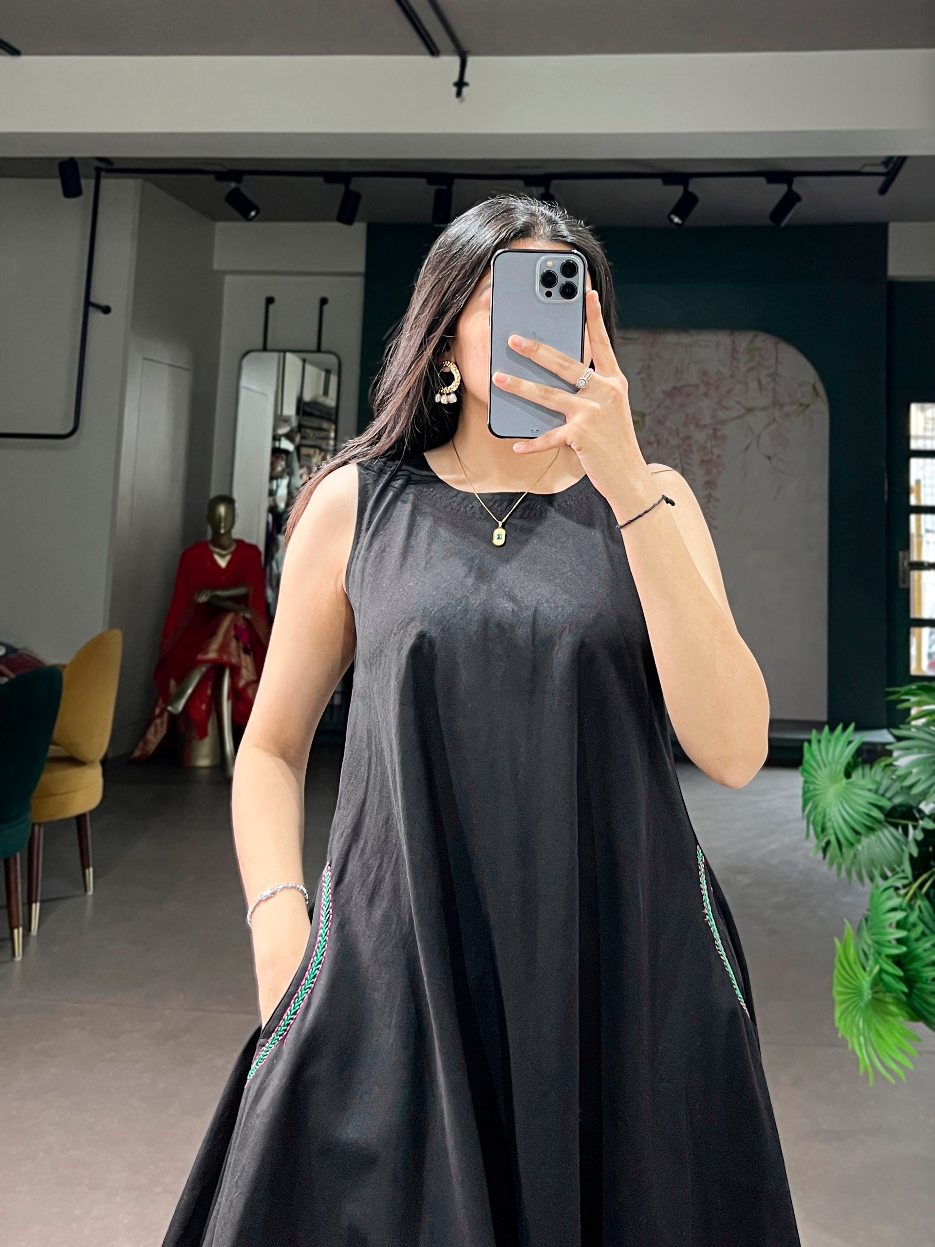 Black Pure Khadi Cotton Long Kurti with Wooden Buttons
