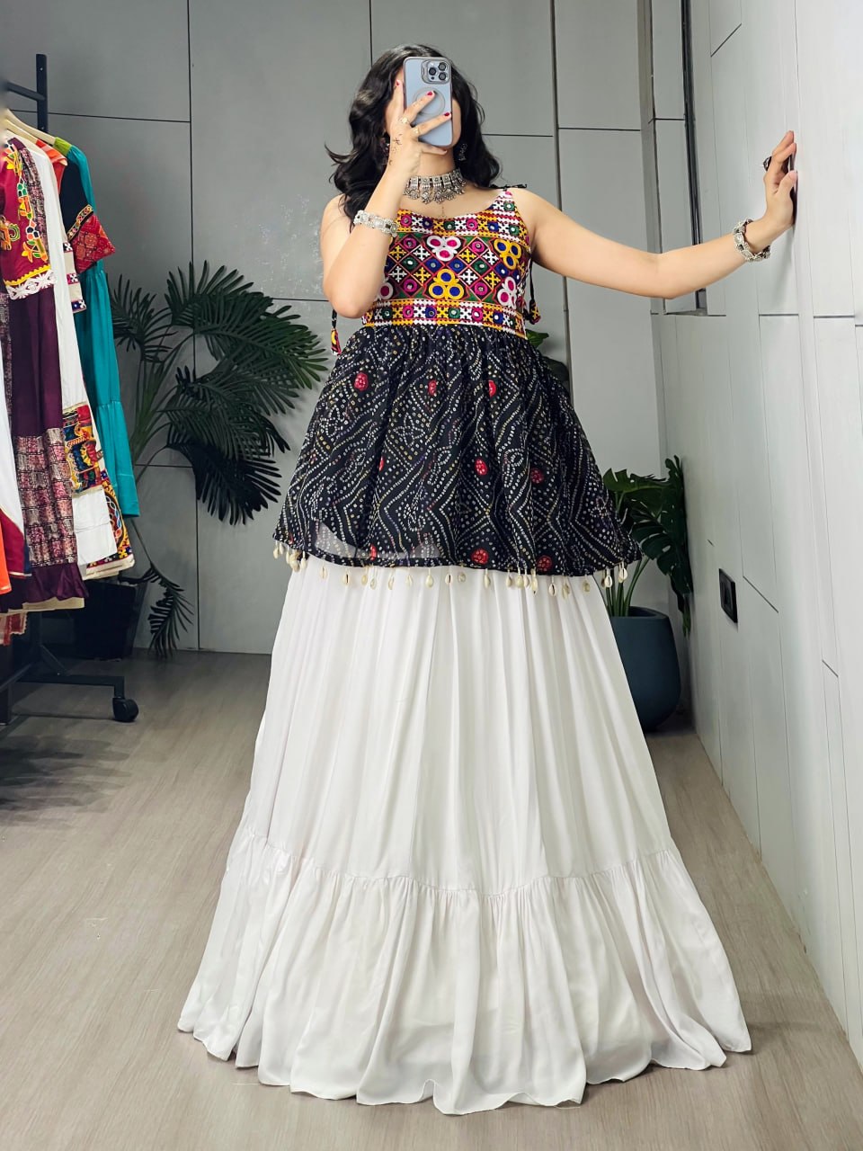 Black Pure Rayon Cotton Plain With Frilled Navratri Lehenga Choli