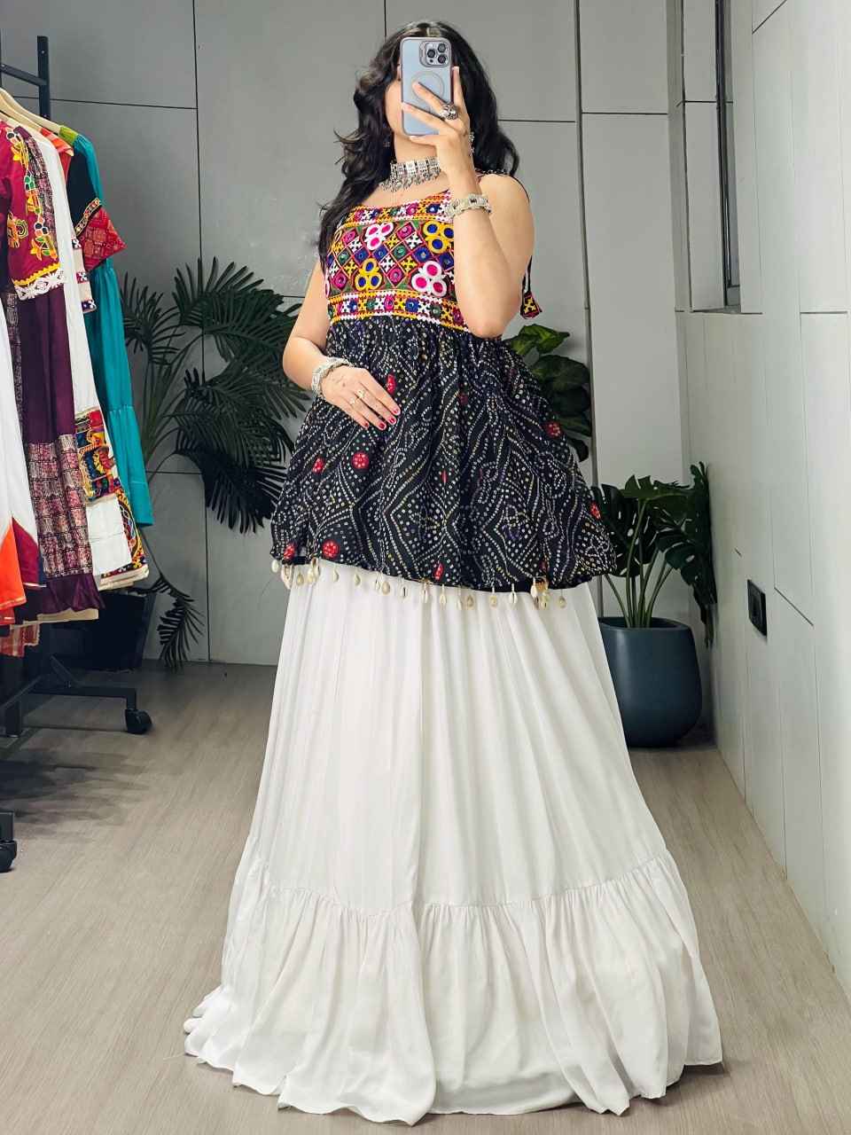 Black Pure Rayon Cotton Plain With Frilled Navratri Lehenga Choli